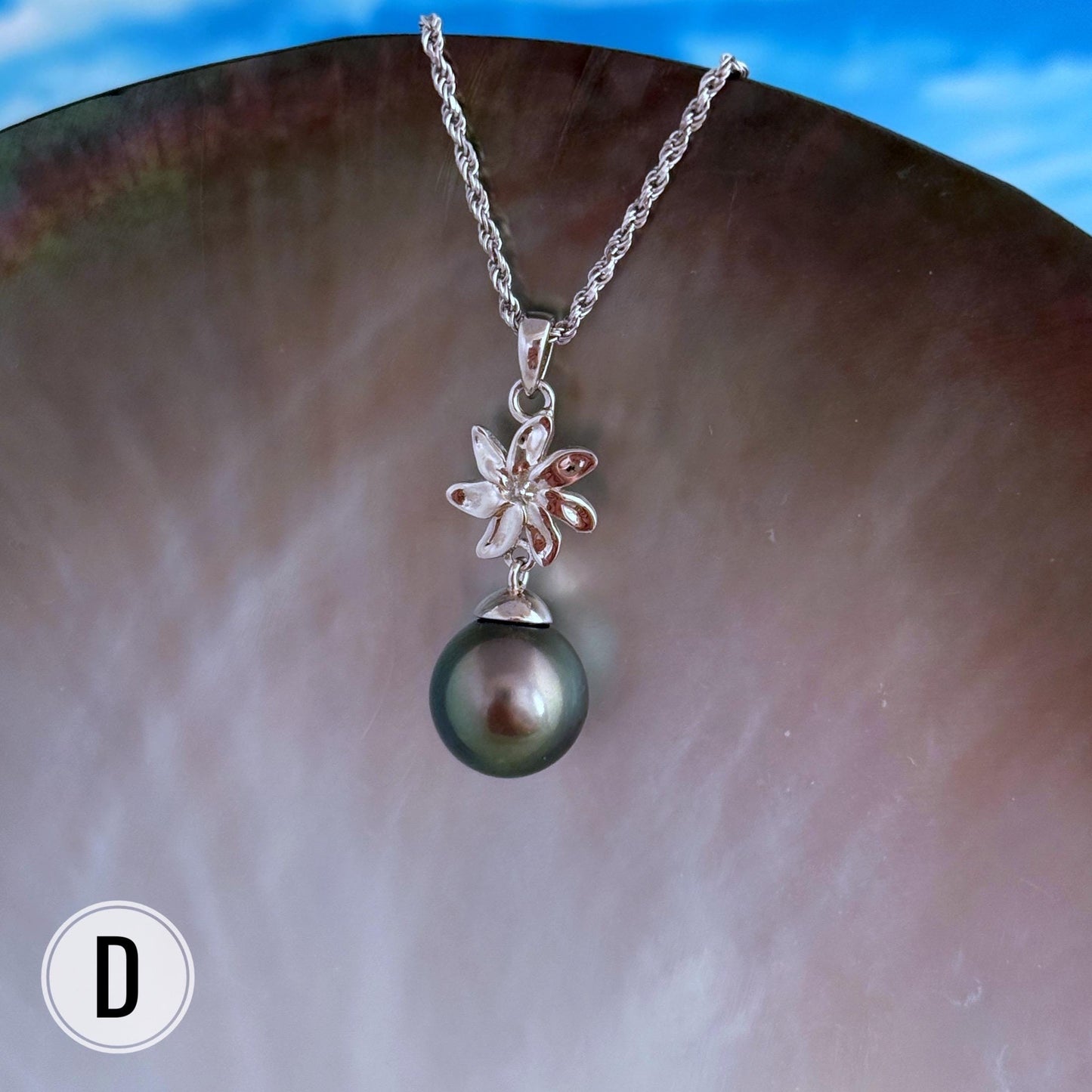 Tahitian Pearl Necklace: Sterling Silver Gardenia Flower Pendant