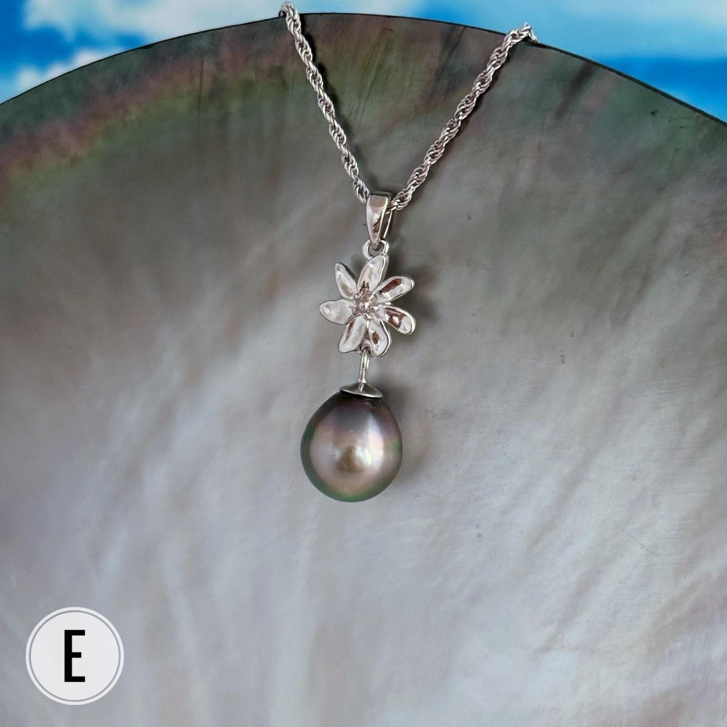 Tahitian Pearl Necklace: Sterling Silver Gardenia Flower Pendant