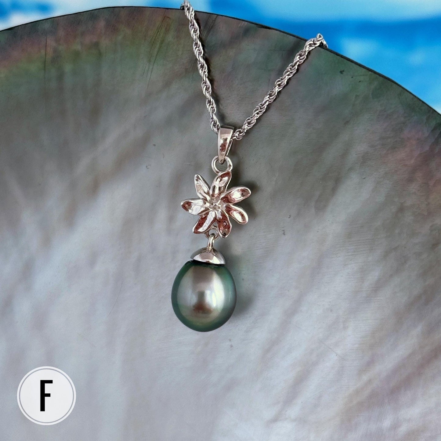 Tahitian Pearl Necklace: Sterling Silver Gardenia Flower Pendant