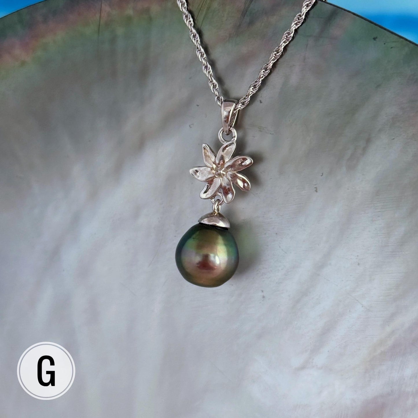 Tahitian Pearl Necklace: Sterling Silver Gardenia Flower Pendant