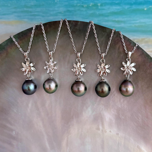 Tahitian Pearl Necklace: Sterling Silver Gardenia Flower Pendant
