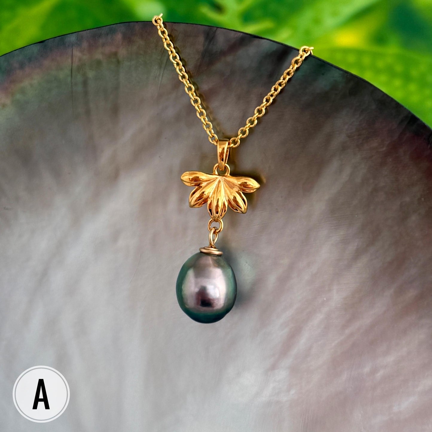 DOORBUSTER Tahitian Pearl pendants • Tropical Flower & Leaf • Hawaiian design 18k Gold Plated necklace