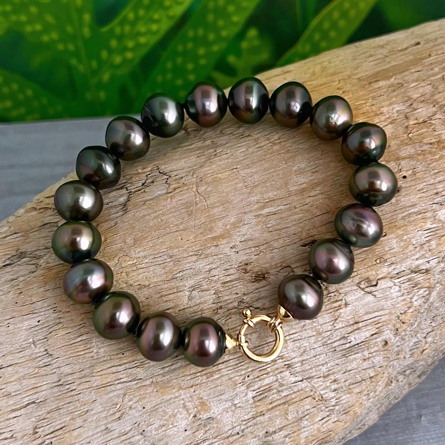 EXQUISITE Tahitian Pearl Bracelet • solid 9kt Gold clasp • Peacock colors • Aubergine