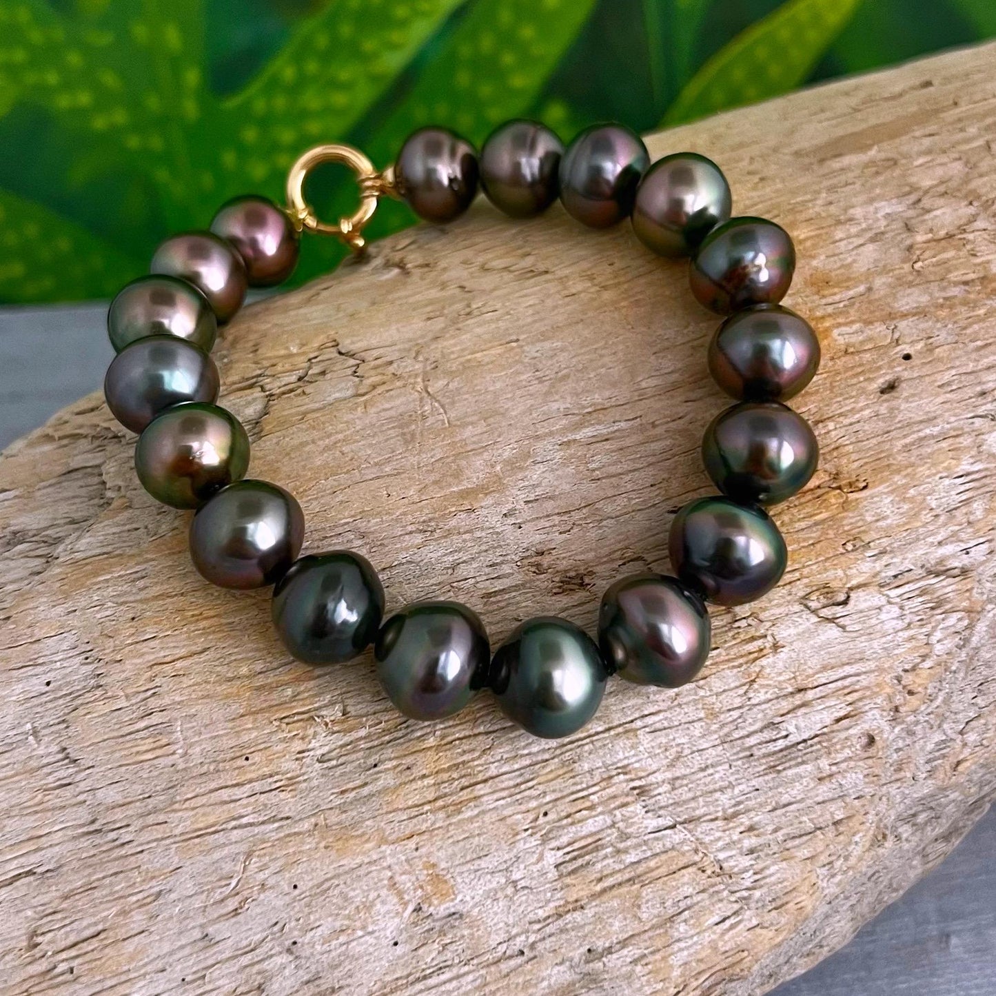 EXQUISITE Tahitian Pearl Bracelet • solid 9kt Gold clasp • Peacock colors • Aubergine