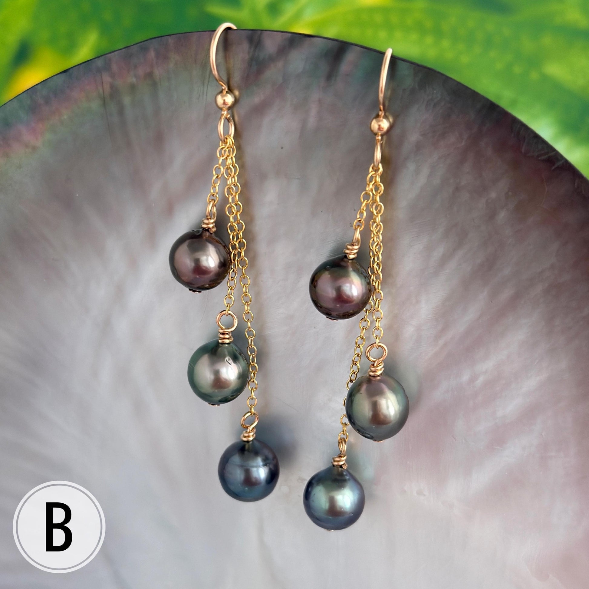 Elegant Cascading Tahitian Pearl Earrings - Gold Chain Dangle Design with Rare Vibrant Colors - Unique Handmade Jewelry