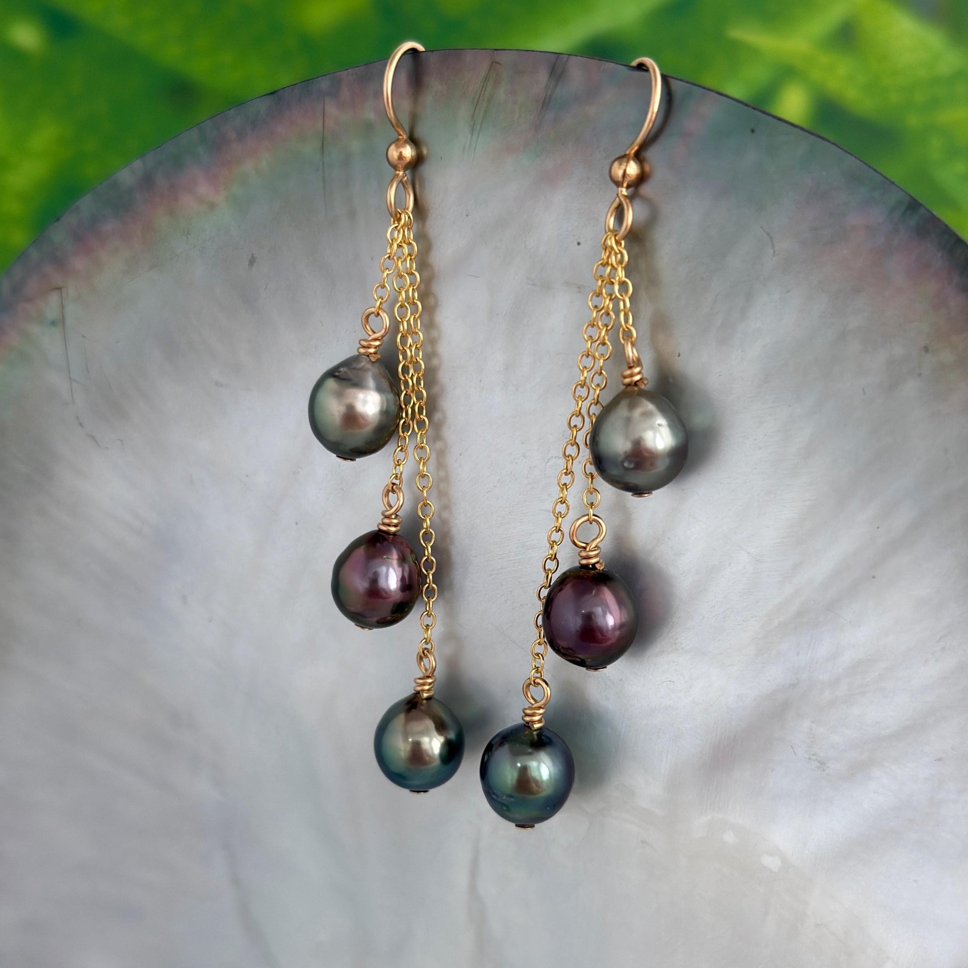 Elegant Cascading Tahitian Pearl Earrings - Gold Chain Dangle Design with Rare Vibrant Colors - Unique Handmade Jewelry
