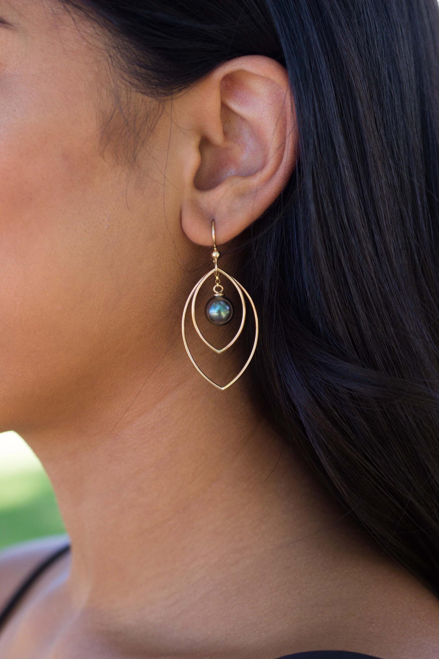 Marquise tahitian pearl earrings in 14k gold filled