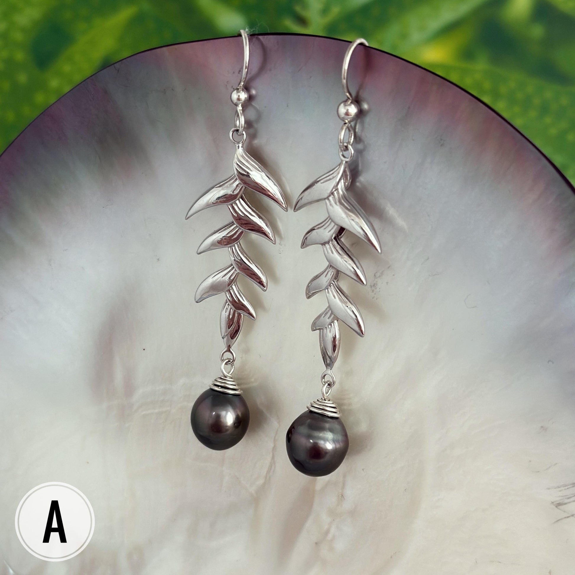 Tahitian Pearl earrings • Heliconia dangle earrings • Sterling silver statement jewelry • natural and genuine colors • organic gemstone
