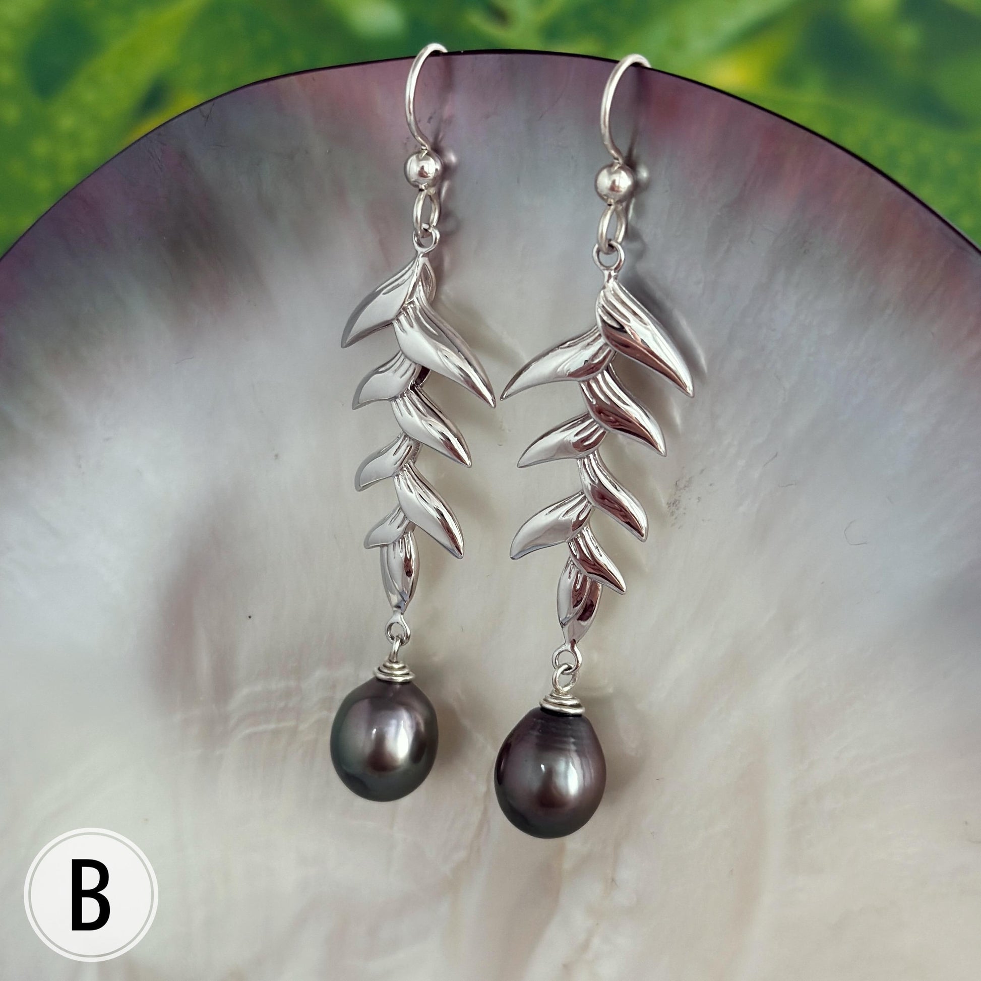 Tahitian Pearl earrings • Heliconia dangle earrings • Sterling silver statement jewelry • natural and genuine colors • organic gemstone