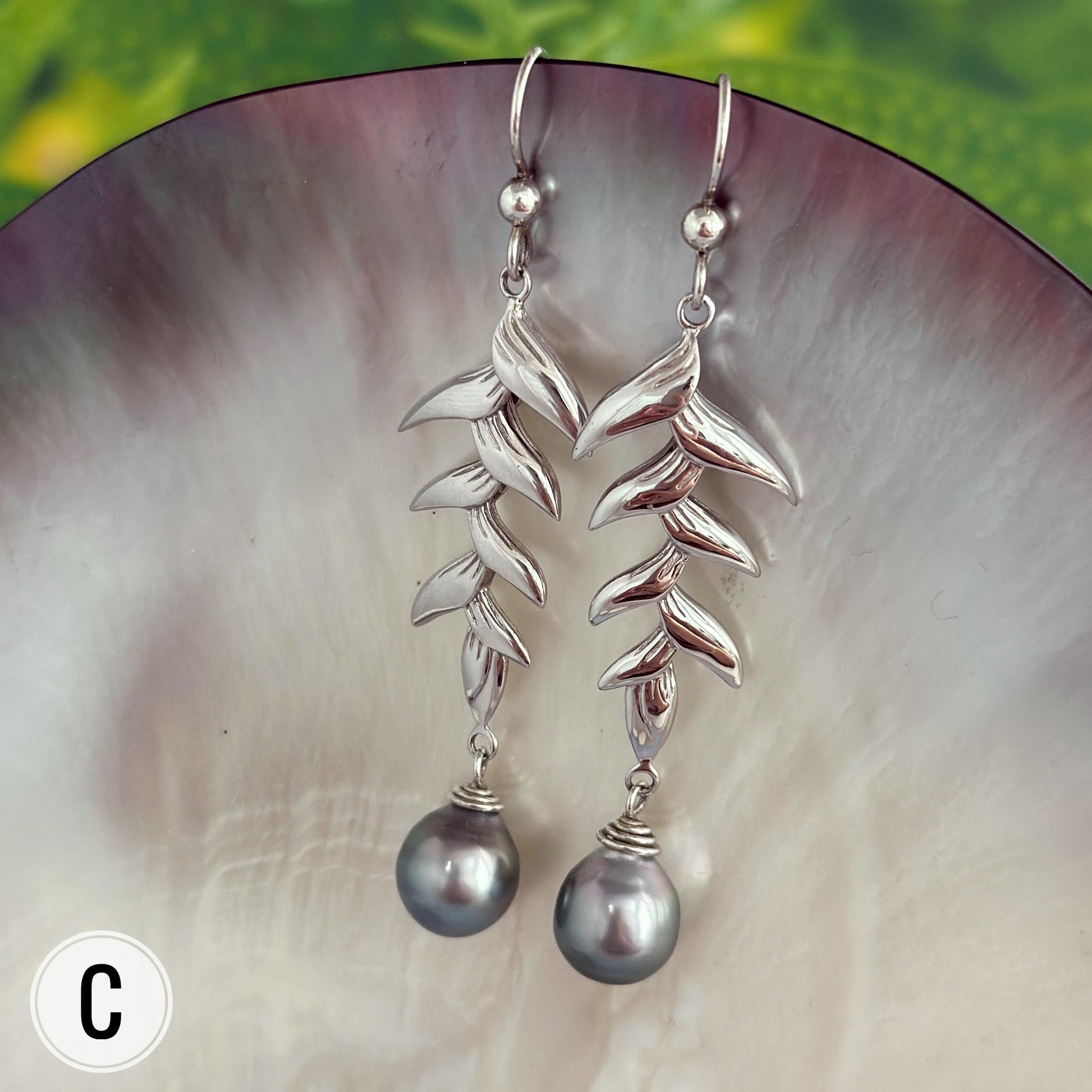 Tahitian Pearl earrings • Heliconia dangle earrings • Sterling silver statement jewelry • natural and genuine colors • organic gemstone