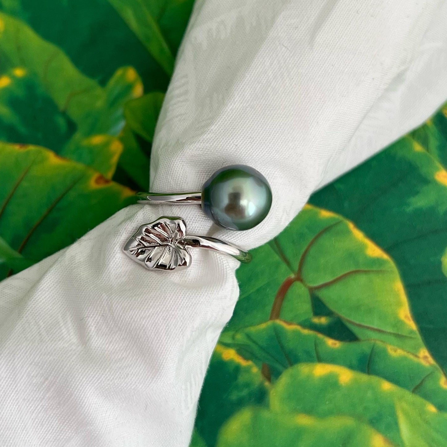 Tahitian Pearl Ring: Sterling Silver Kalo Leaf wrap