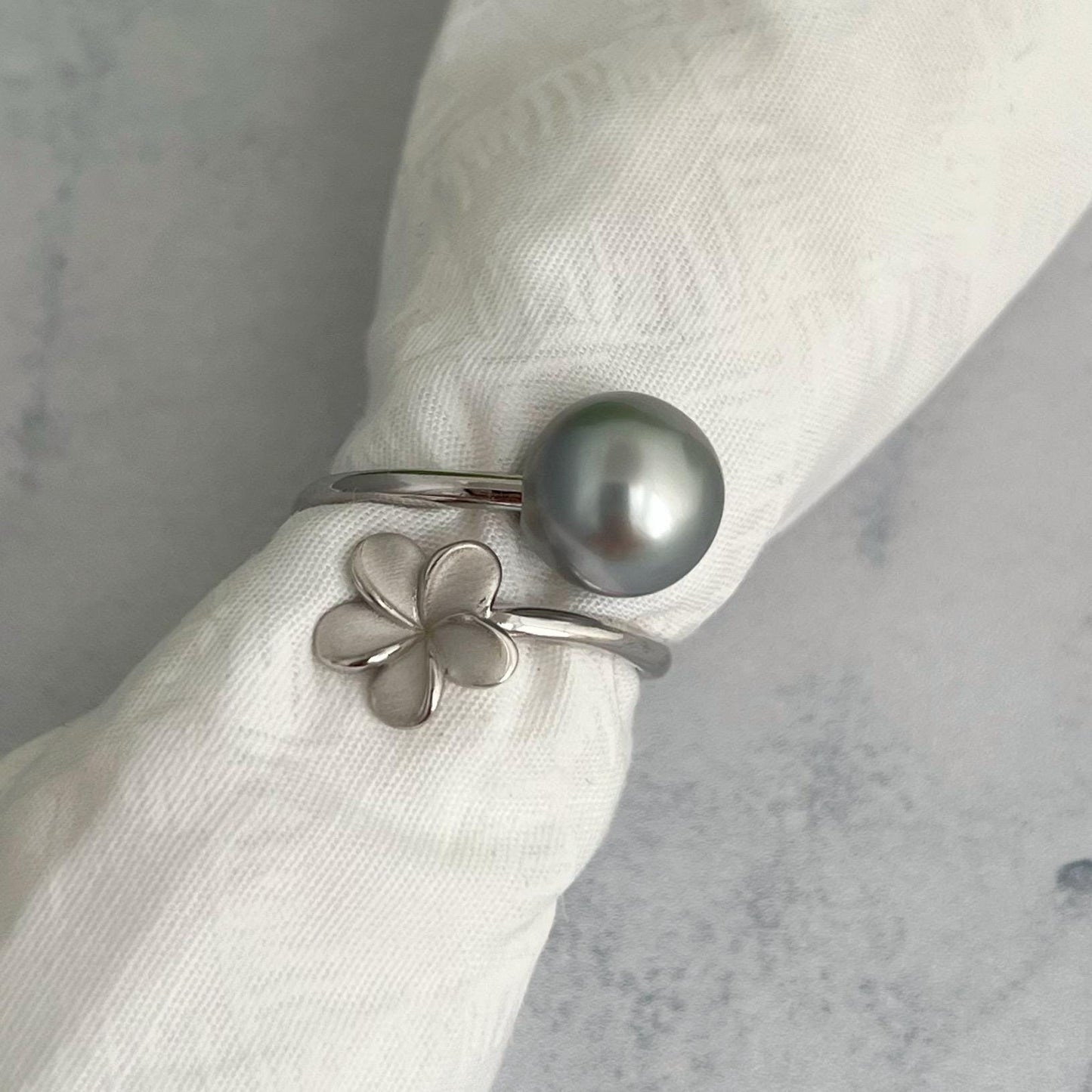 Tahitian Pearl Ring: Sterling Silver Plumeria Flower Wrap