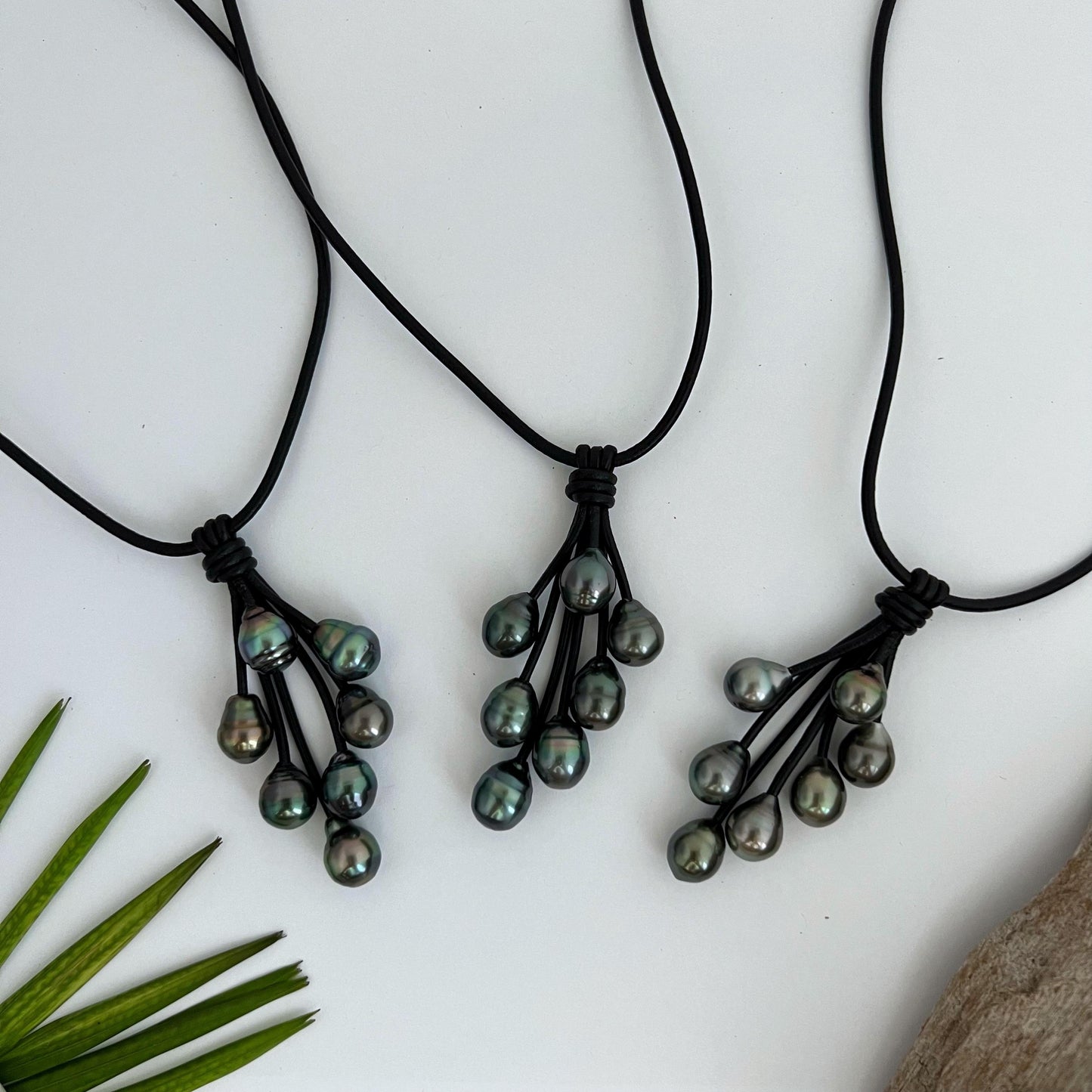 Tahitian Pearl Cluster Necklace: Leather Cord, Stainless Clasp