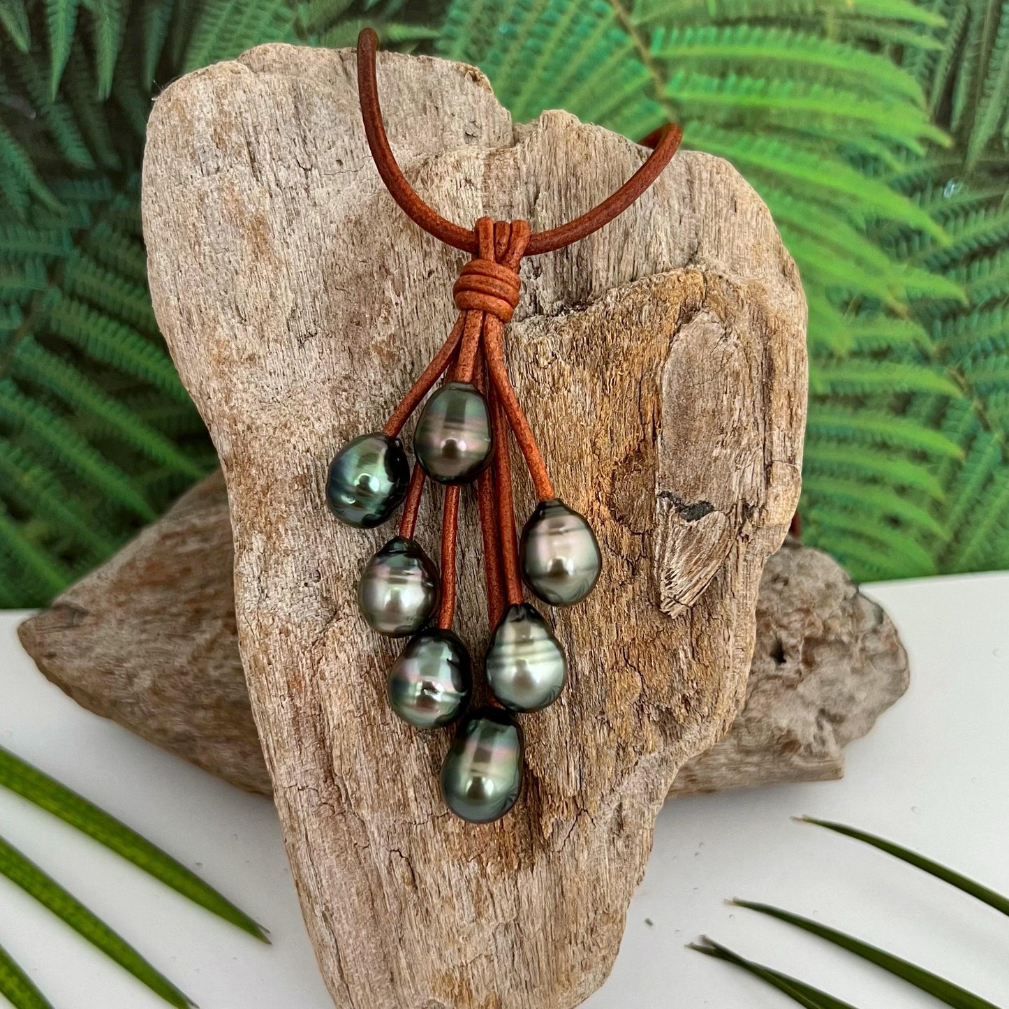 Tahitian Pearl Cluster Necklace: Leather Cord, Stainless Clasp