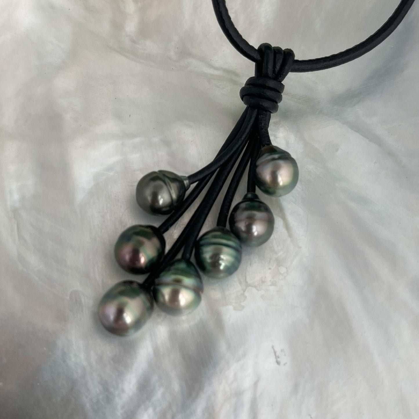 Tahitian Pearl Cluster Necklace: Leather Cord, Stainless Clasp