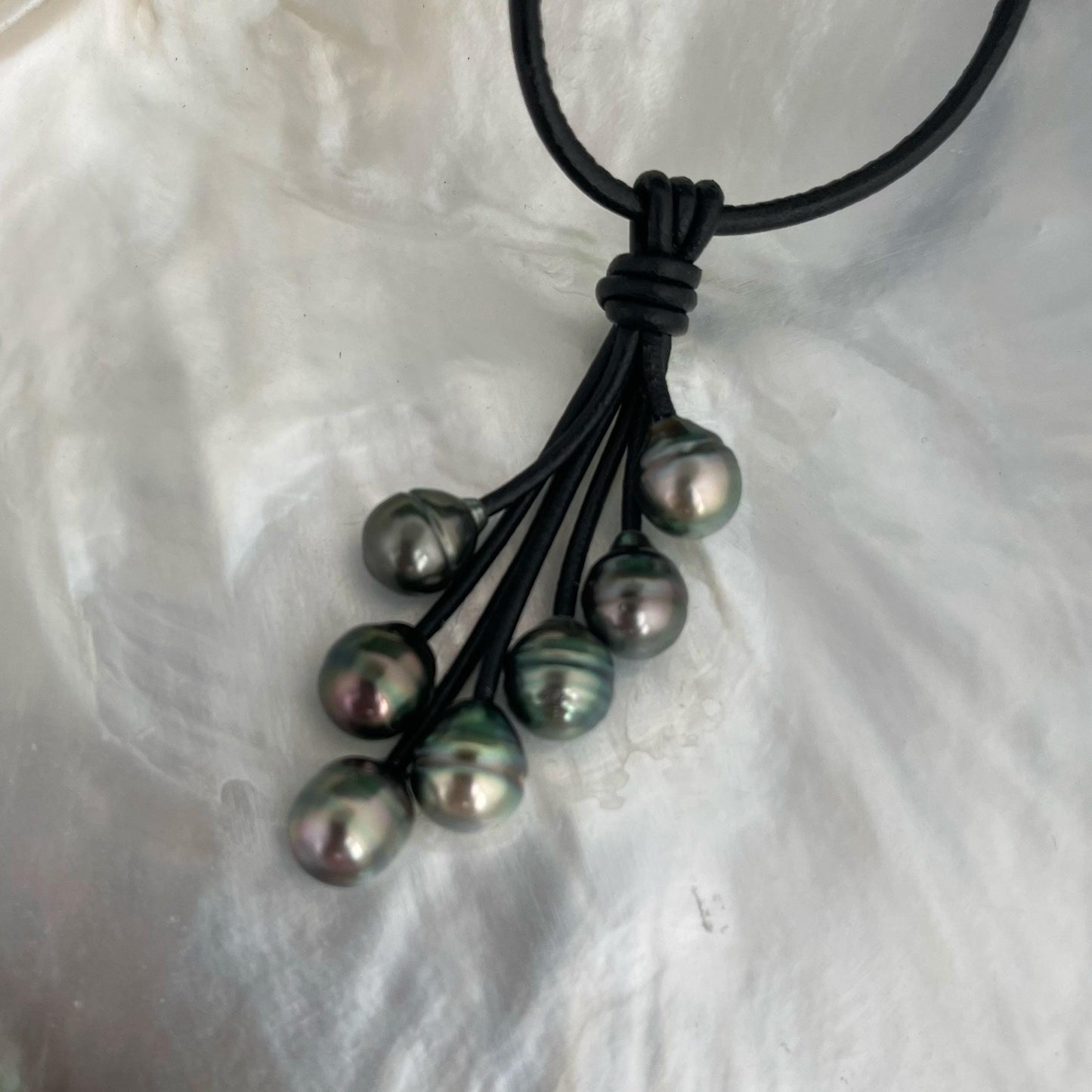 Tahitian Pearl Cluster Necklace: Leather Cord, Stainless Clasp