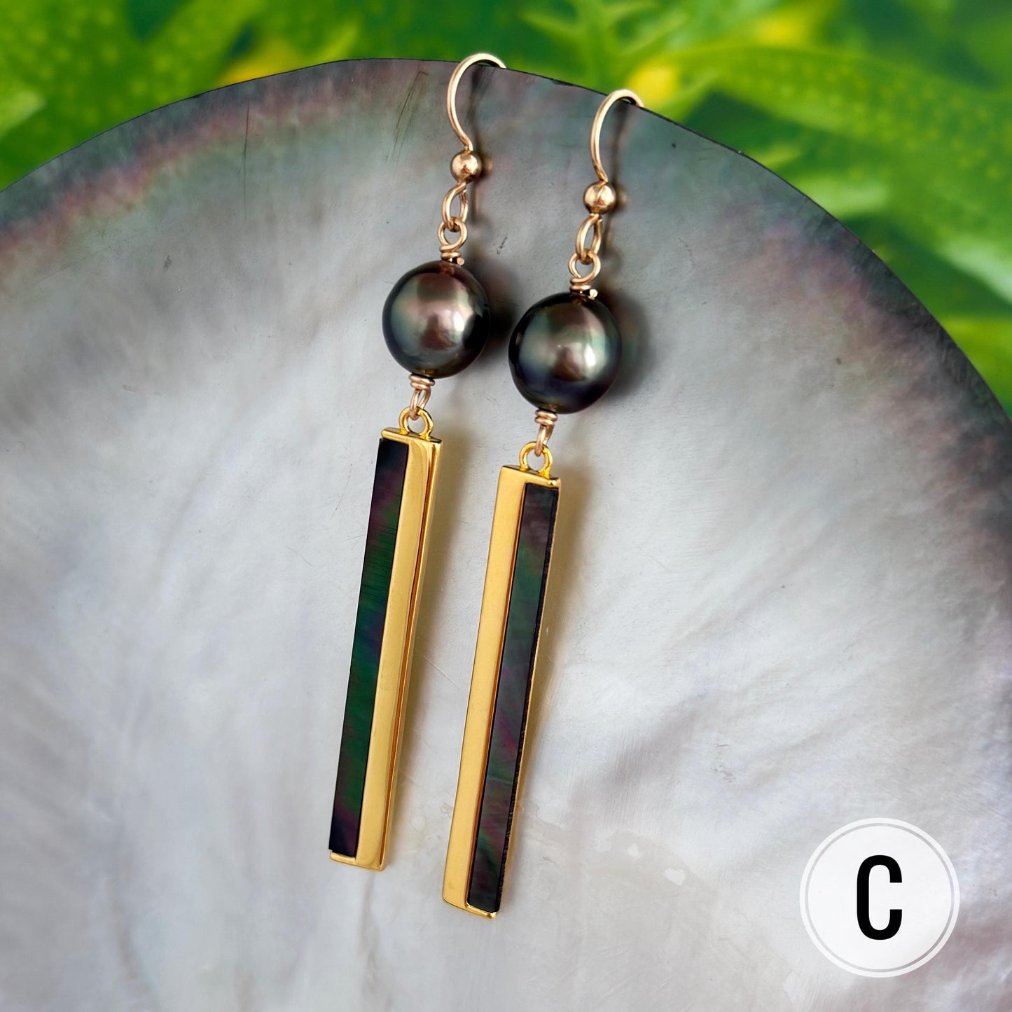 Tahitian Pearl & Shell Dangle Earrings • 14k Gold Vermeil Inlay