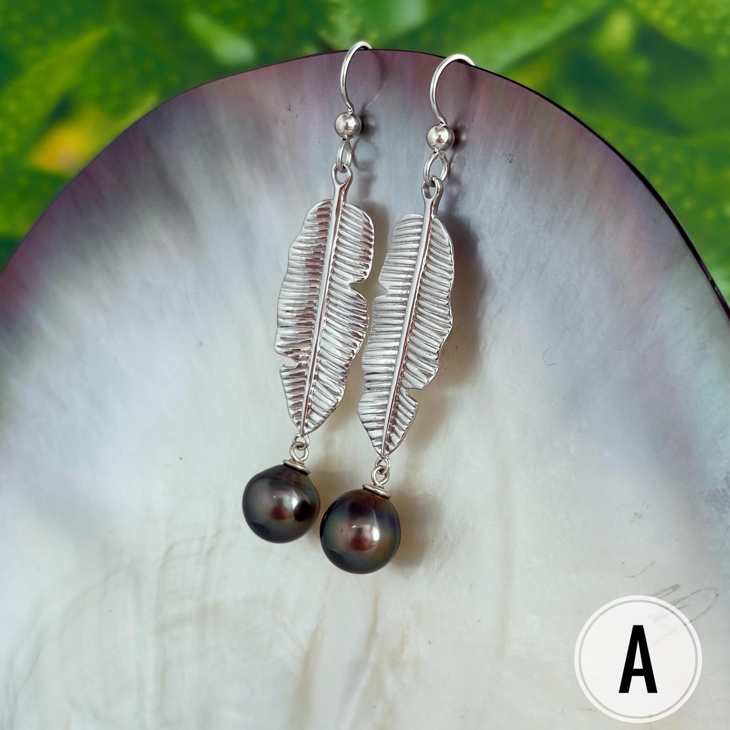 Tahitian Pearl Dangle Earrings: Sterling Silver Banana Leaf Jewelry
