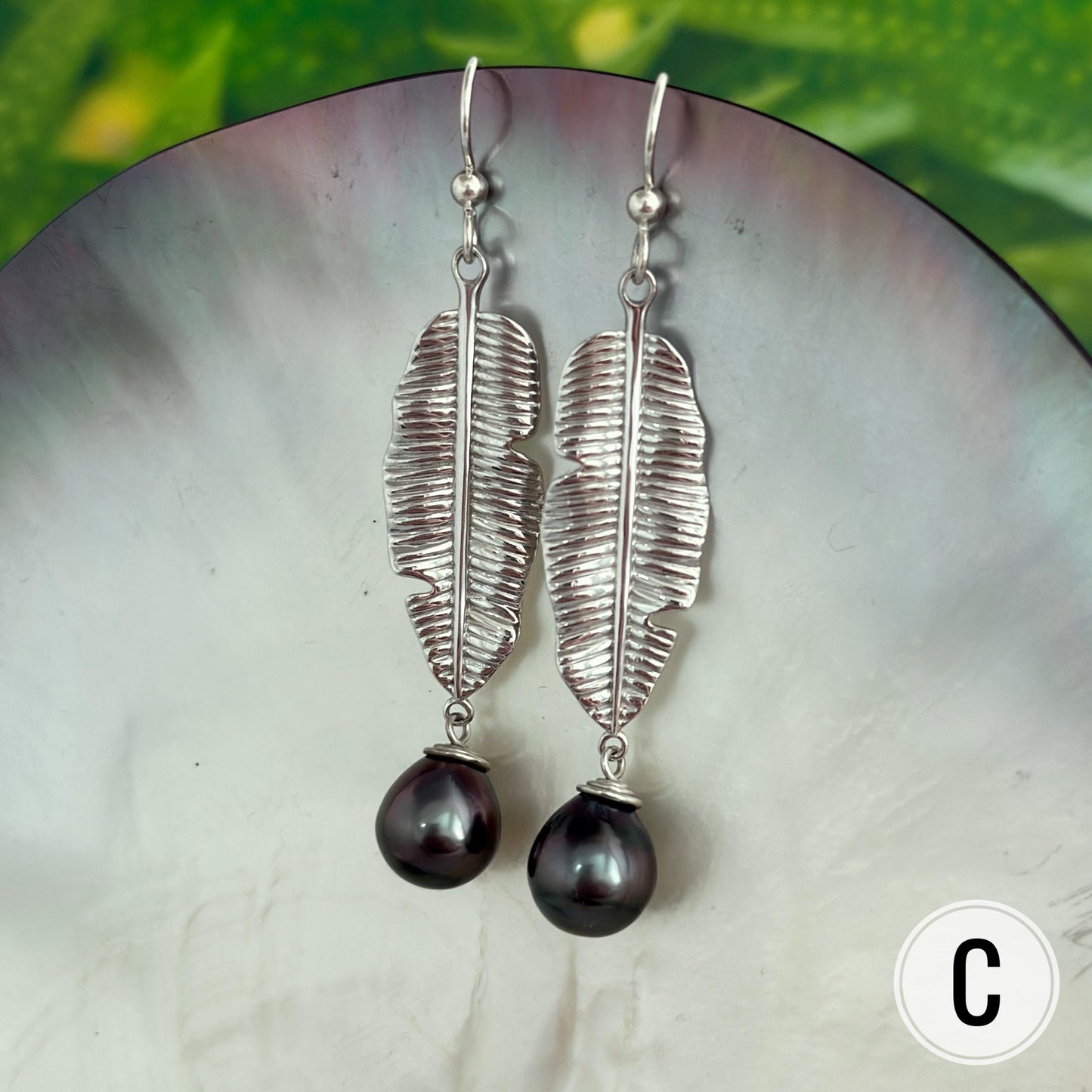 Tahitian Pearl Dangle Earrings: Sterling Silver Banana Leaf Jewelry