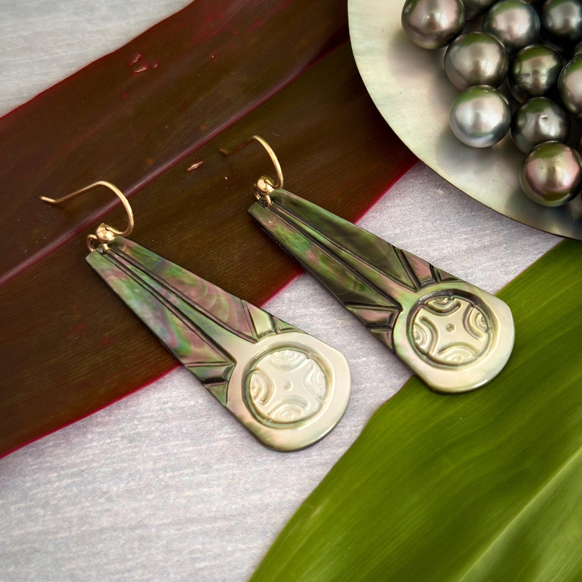Hand Carved Mother of Pearl Earrings: Polynesian Sun, Gold Filled or Sterling Silver