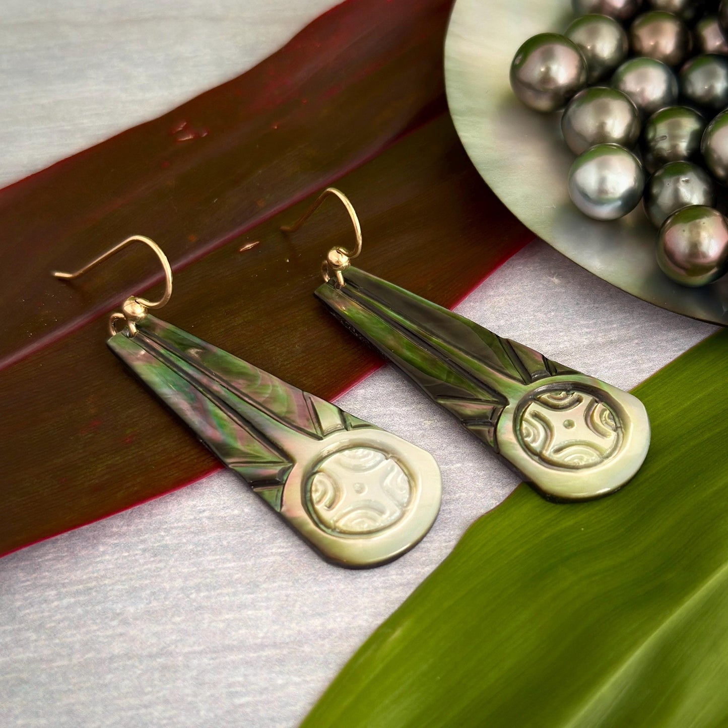 Hand Carved Mother of Pearl Earrings: Polynesian Sun, Gold Filled or Sterling Silver