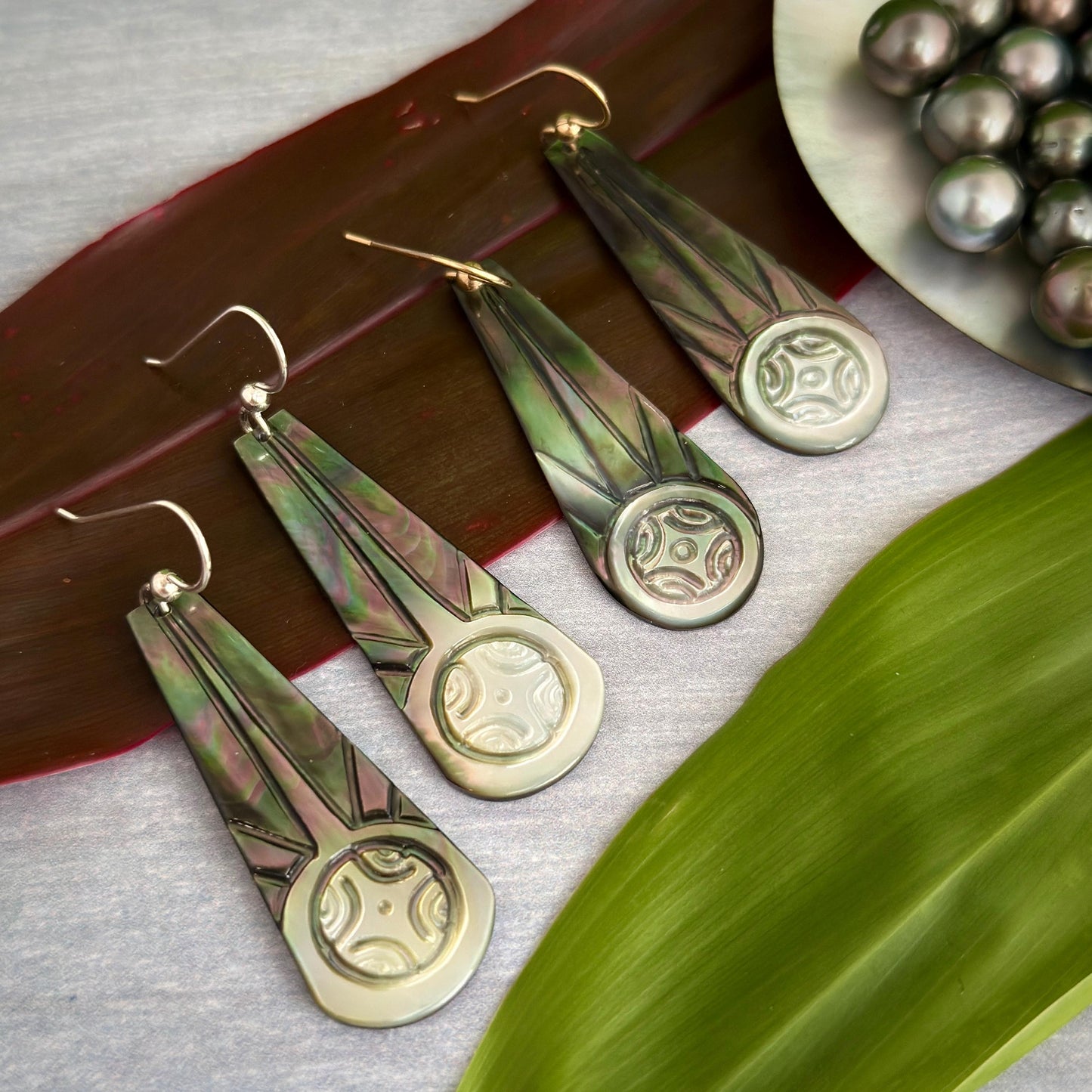 Hand Carved Mother of Pearl Earrings: Polynesian Sun, Gold Filled or Sterling Silver