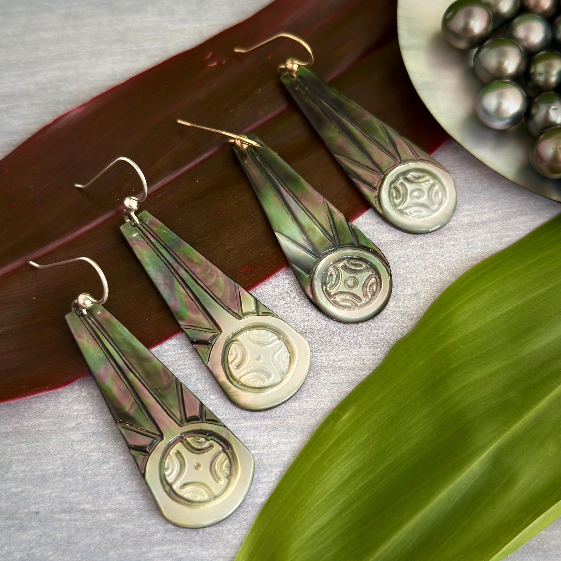 Hand Carved Mother of Pearl Earrings: Polynesian Sun, Gold Filled or Sterling Silver