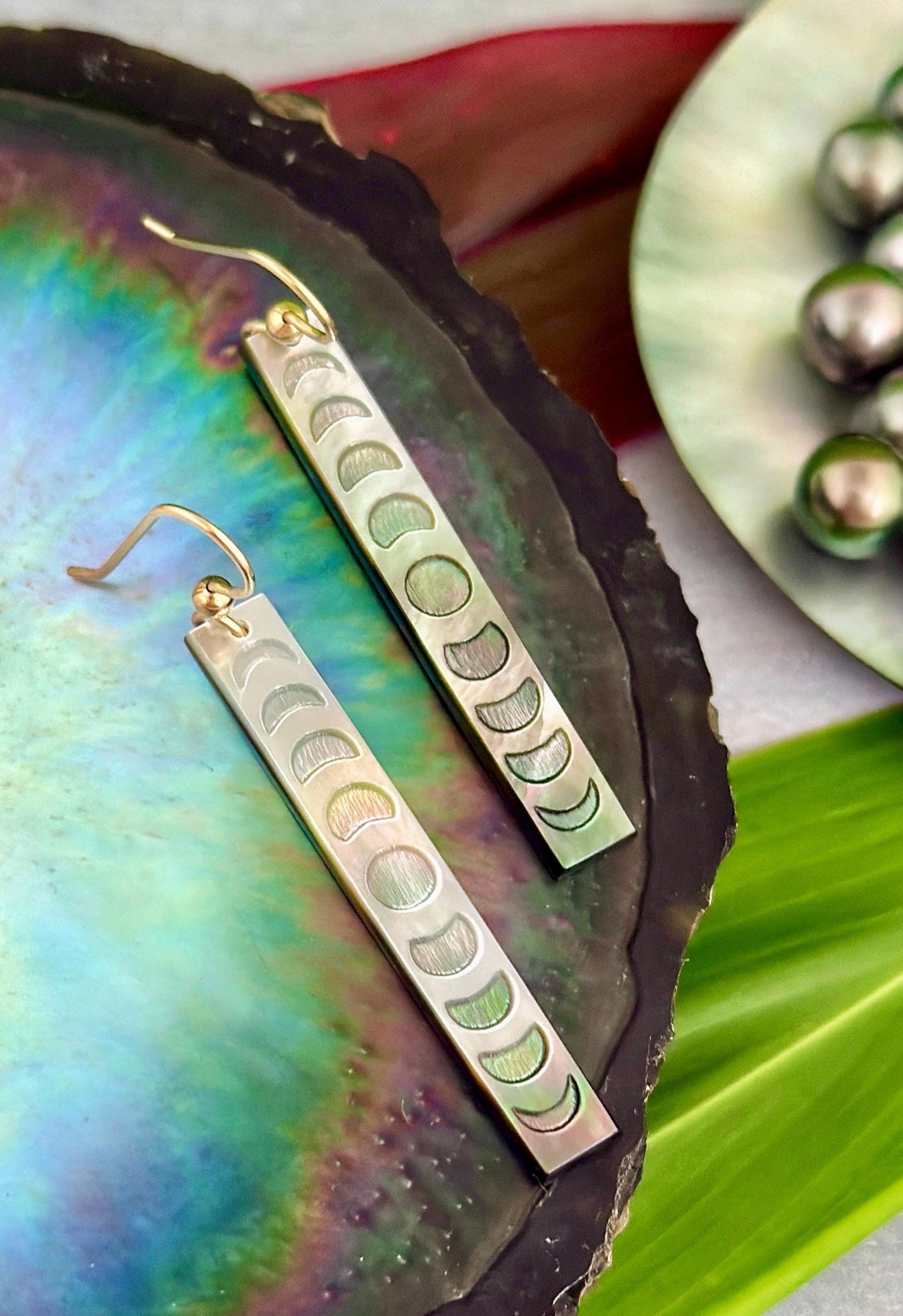 Moon Phase earrings mother of pearl shell • gold filled or Sterling silver • hand carved