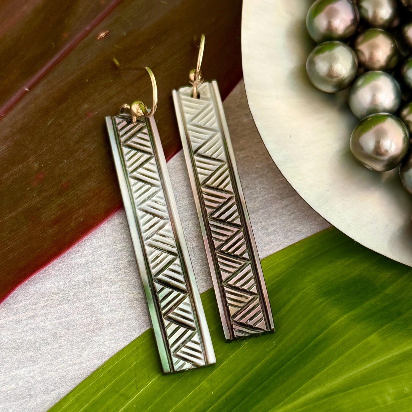 NEW Mother of pearl earrings Made in Hawaii with Traditional Lauhala design with deep Hawaiian meanings handmade ocean jewelry with seashell