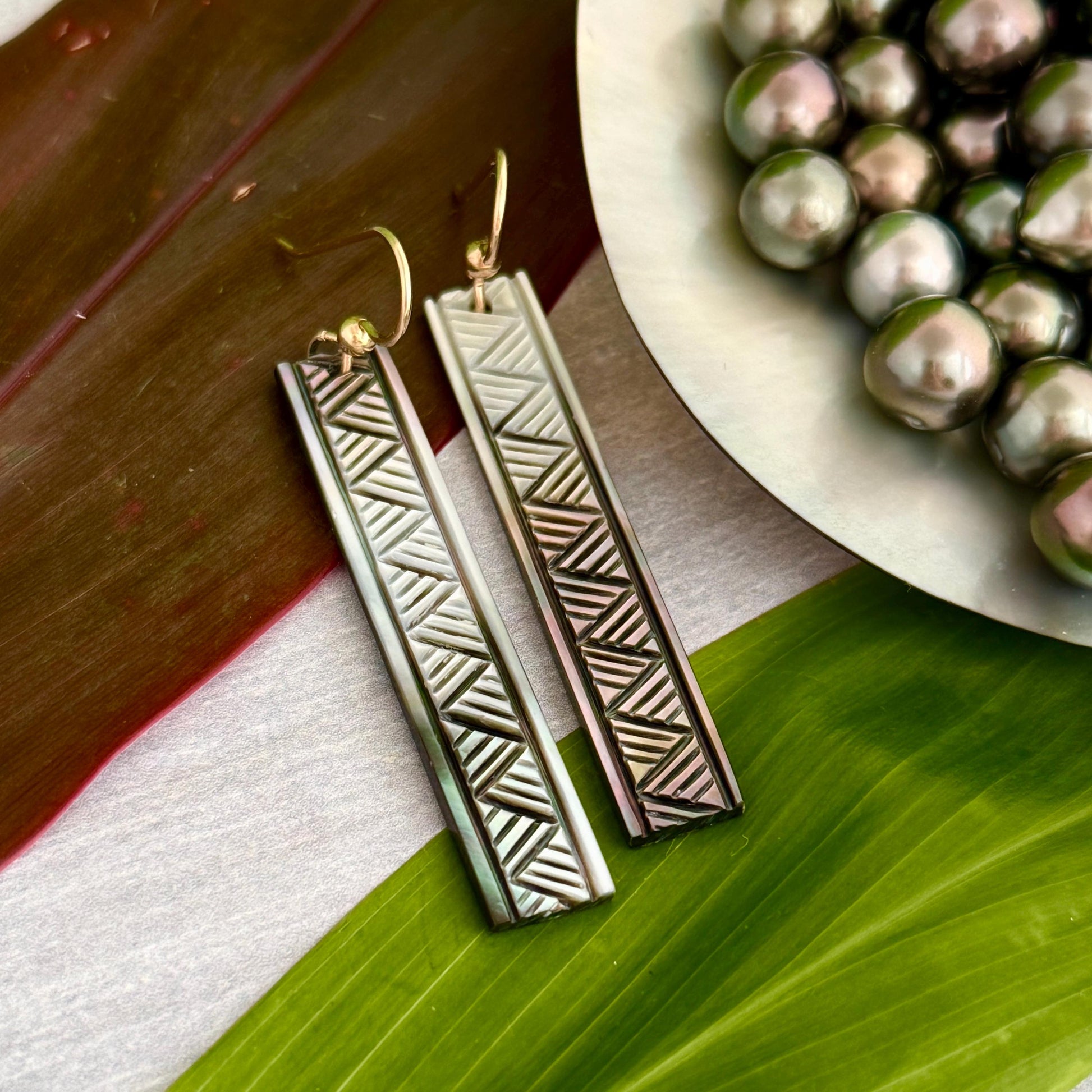 NEW Mother of pearl earrings Made in Hawaii with Traditional Lauhala design with deep Hawaiian meanings handmade ocean jewelry with seashell
