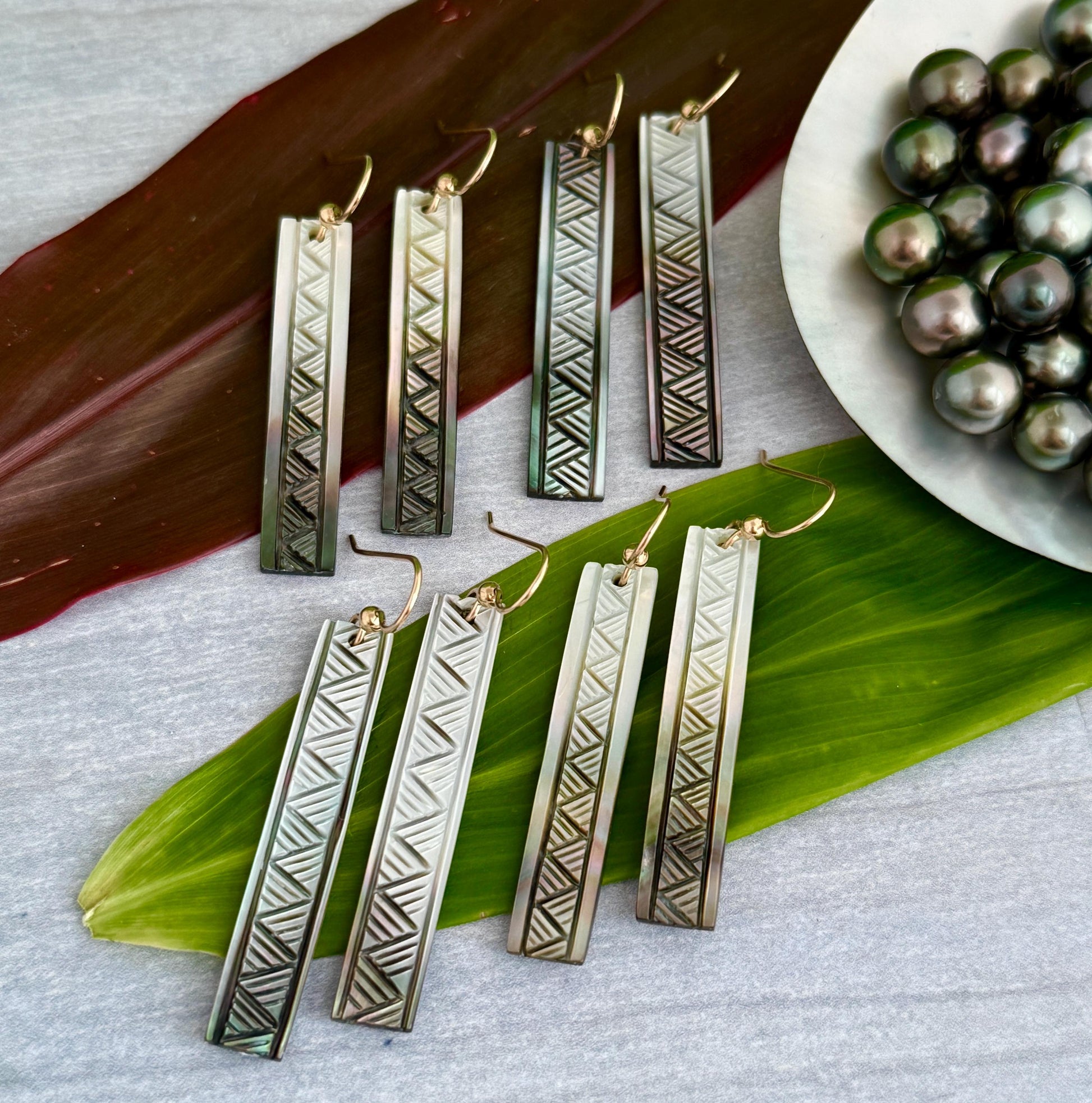 NEW Mother of pearl earrings Made in Hawaii with Traditional Lauhala design with deep Hawaiian meanings handmade ocean jewelry with seashell