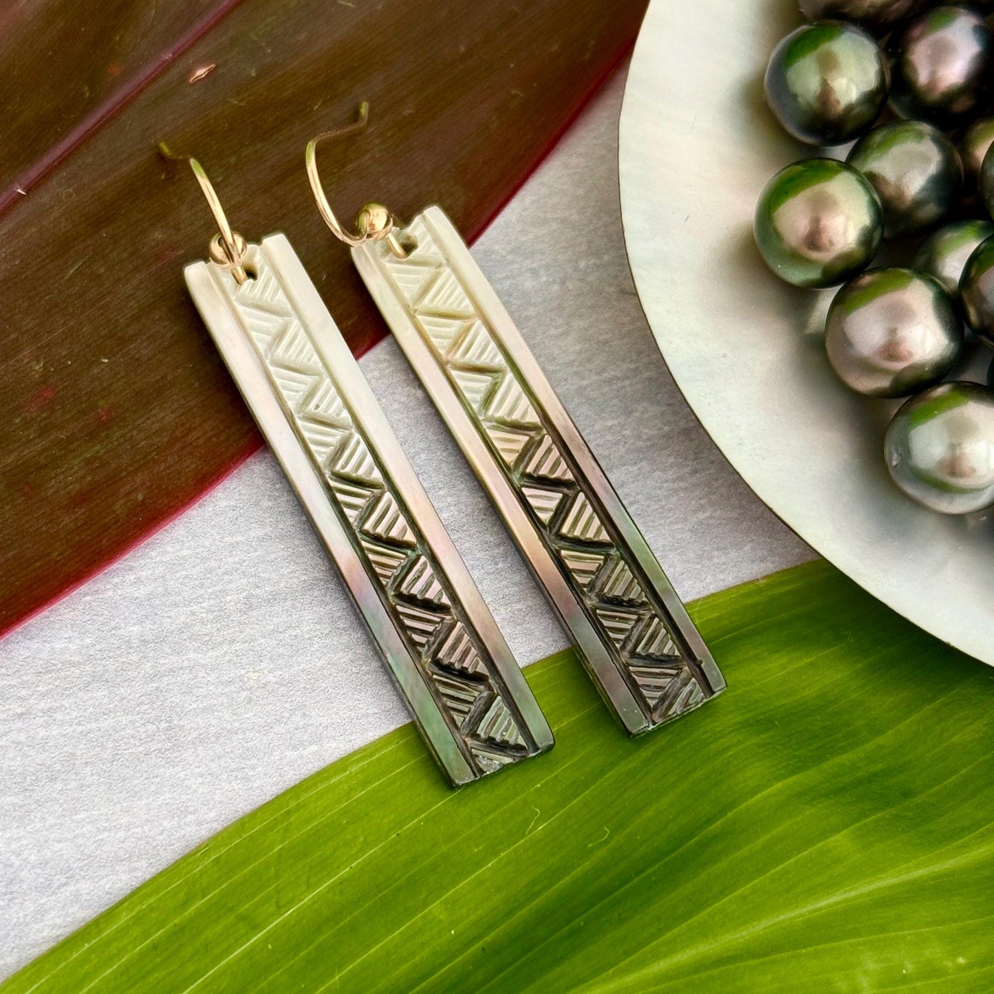 Mother of pearl earrings Made in Hawaii with Traditional Lauhala design with deep Hawaiian meanings handmade ocean jewelry with seashell