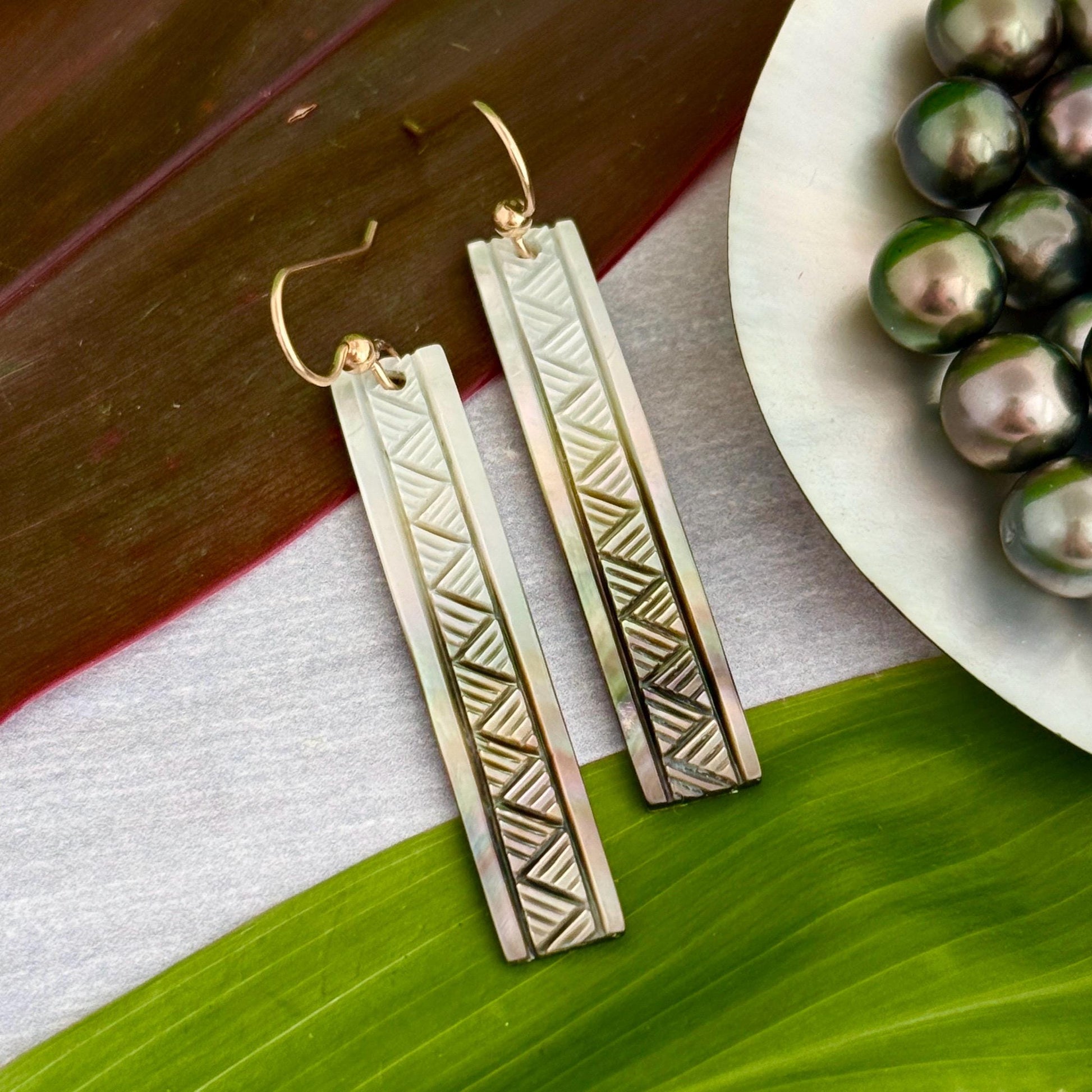 NEW Mother of pearl earrings Made in Hawaii with Traditional Lauhala design with deep Hawaiian meanings handmade ocean jewelry with seashell