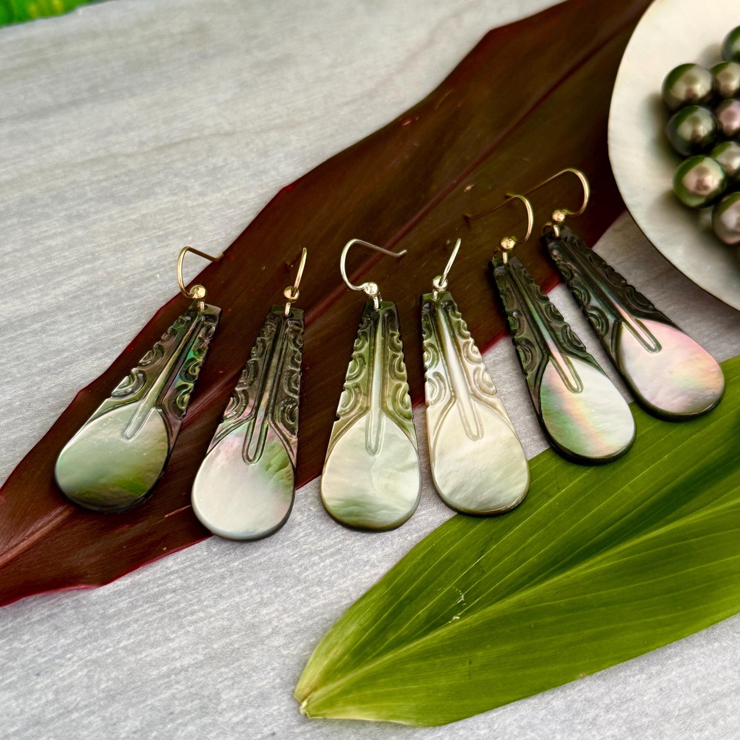 Mother of Pearl earrings Gold filled or Sterling silver Hand carved seashell earrings Made in Hawaii Handmade earrings paddle vaka