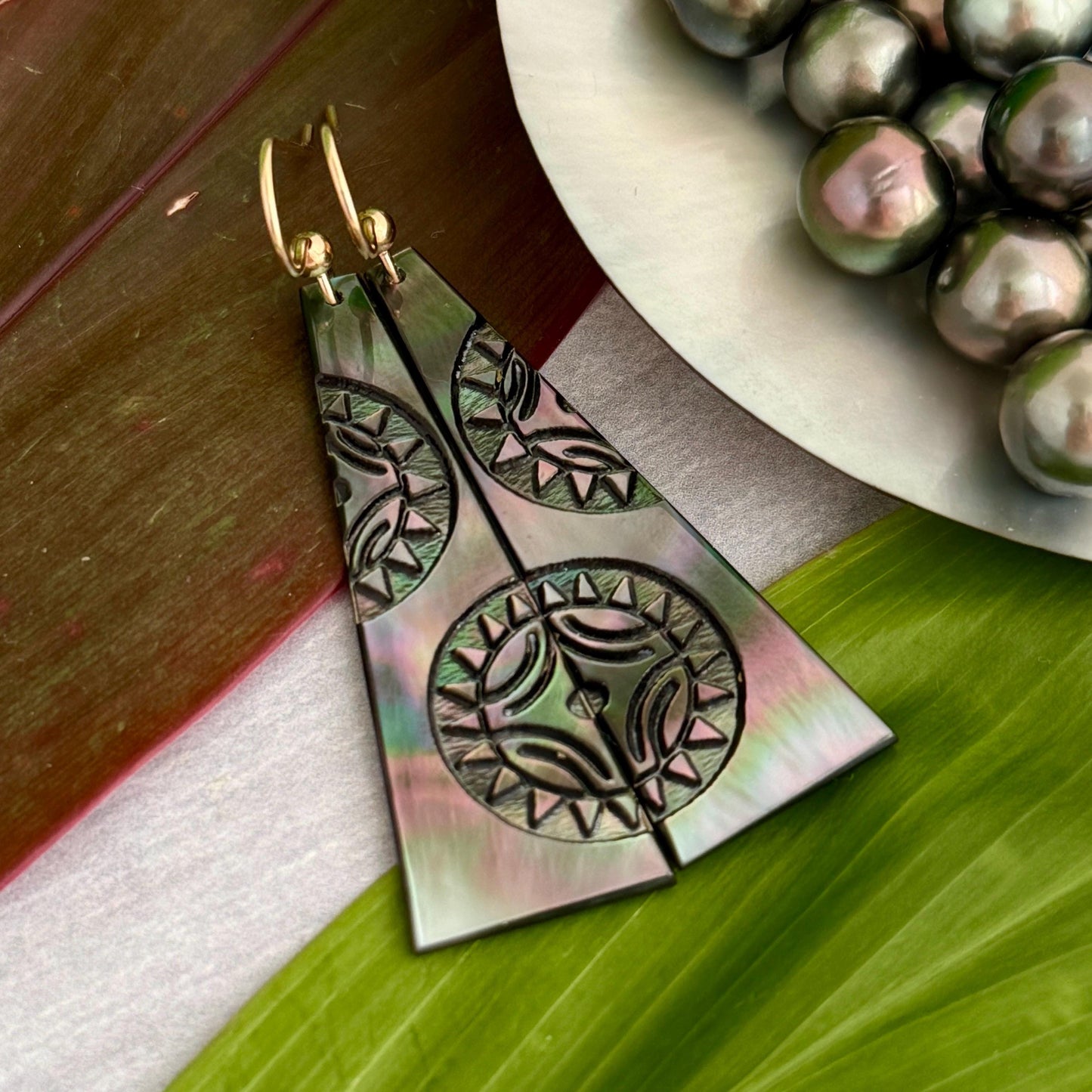 Hand Carved Mother of Pearl Earrings: Polynesian Sun, Gold Filled or Sterling Silver