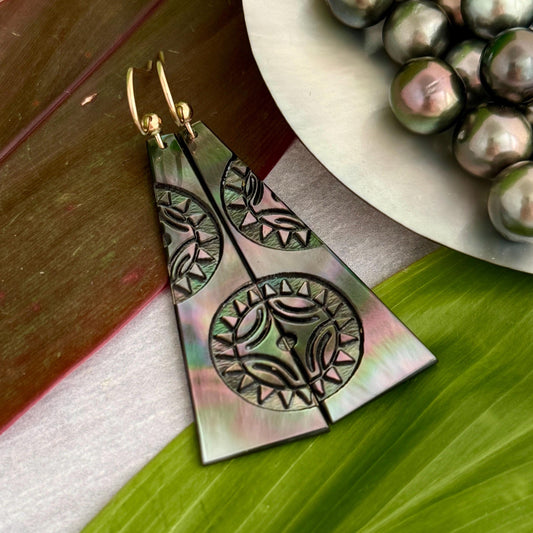 Hand Carved Mother of Pearl Earrings: Polynesian Sun, Gold Filled or Sterling Silver