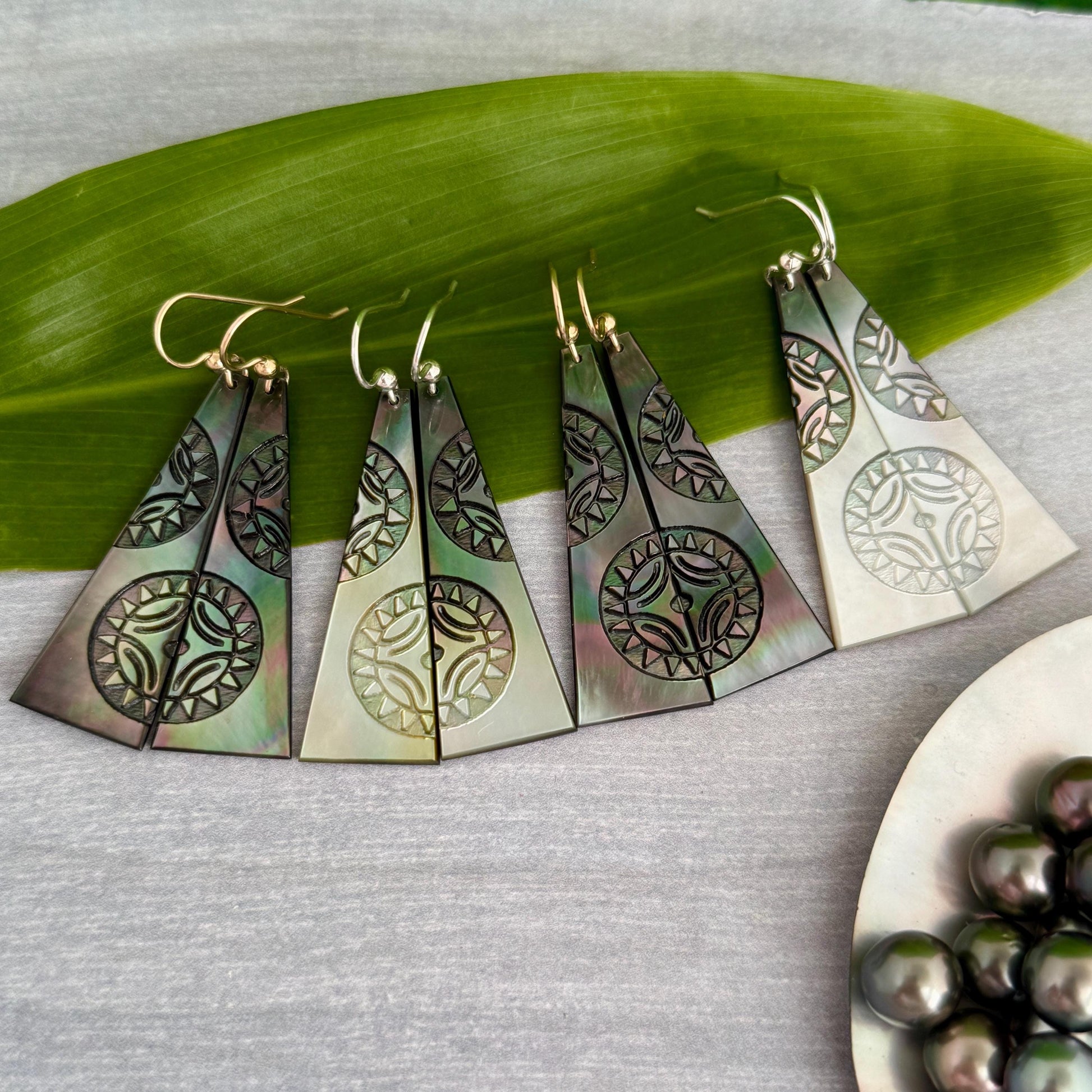 Hand Carved Mother of Pearl Earrings: Polynesian Sun, Gold Filled or Sterling Silver