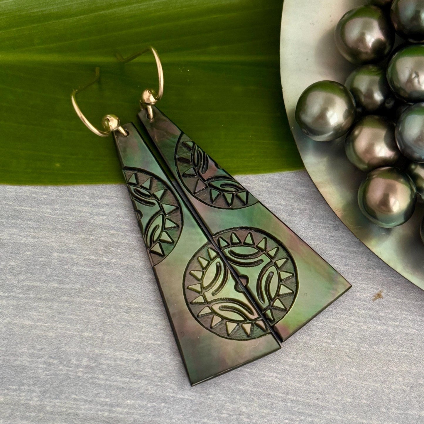 Hand Carved Mother of Pearl Earrings: Polynesian Sun, Gold Filled or Sterling Silver