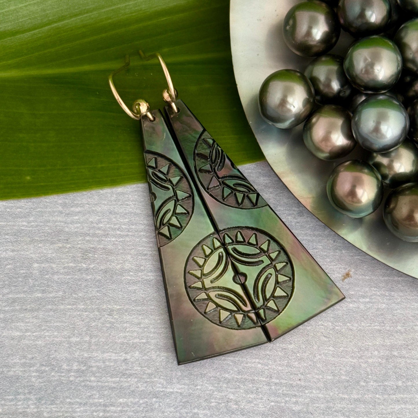 Hand Carved Mother of Pearl Earrings: Polynesian Sun, Gold Filled or Sterling Silver