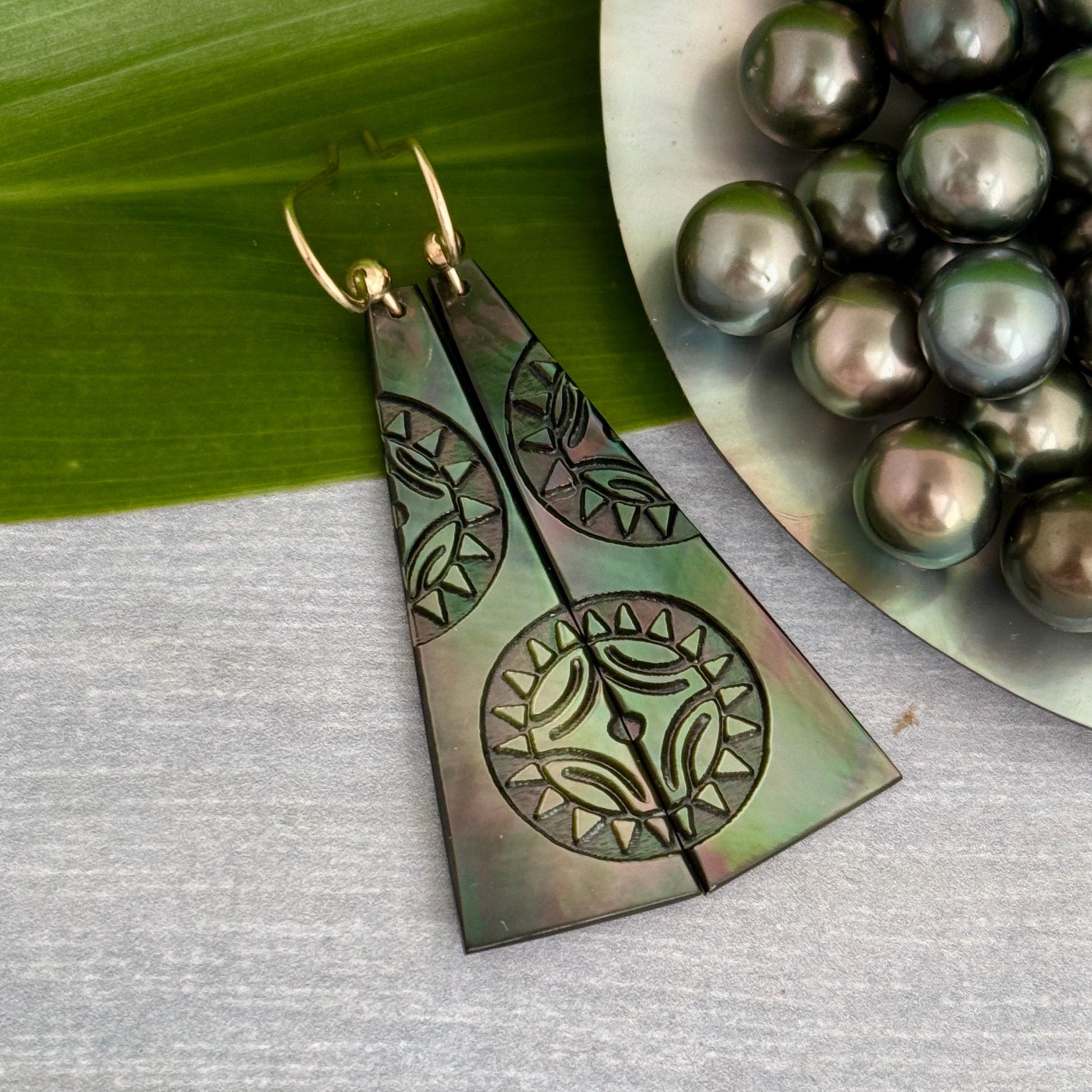 Hand Carved Mother of Pearl Earrings: Polynesian Sun, Gold Filled or Sterling Silver