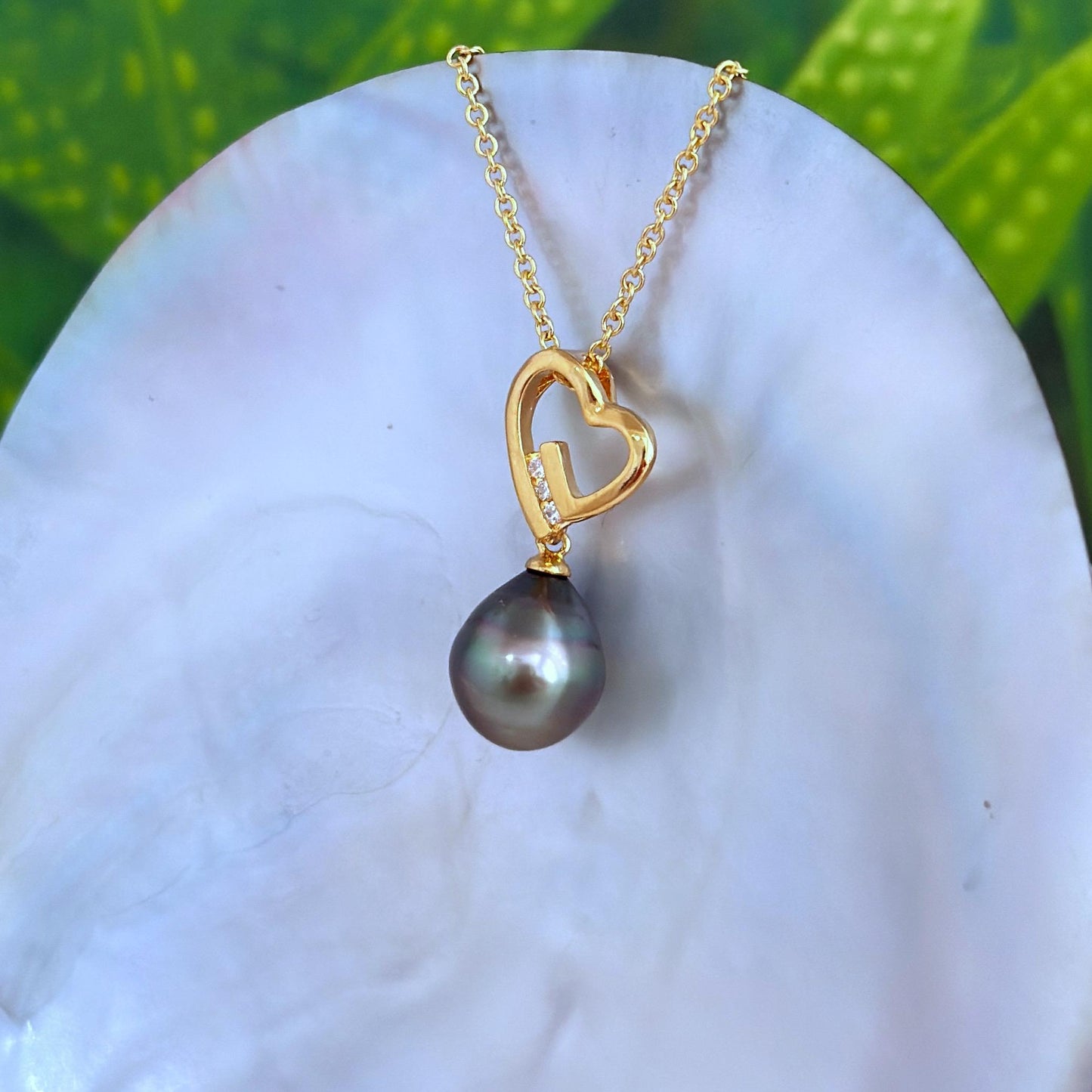 Tahitian Pearl Heart Necklace: Gold plated, CZ Accent pendant