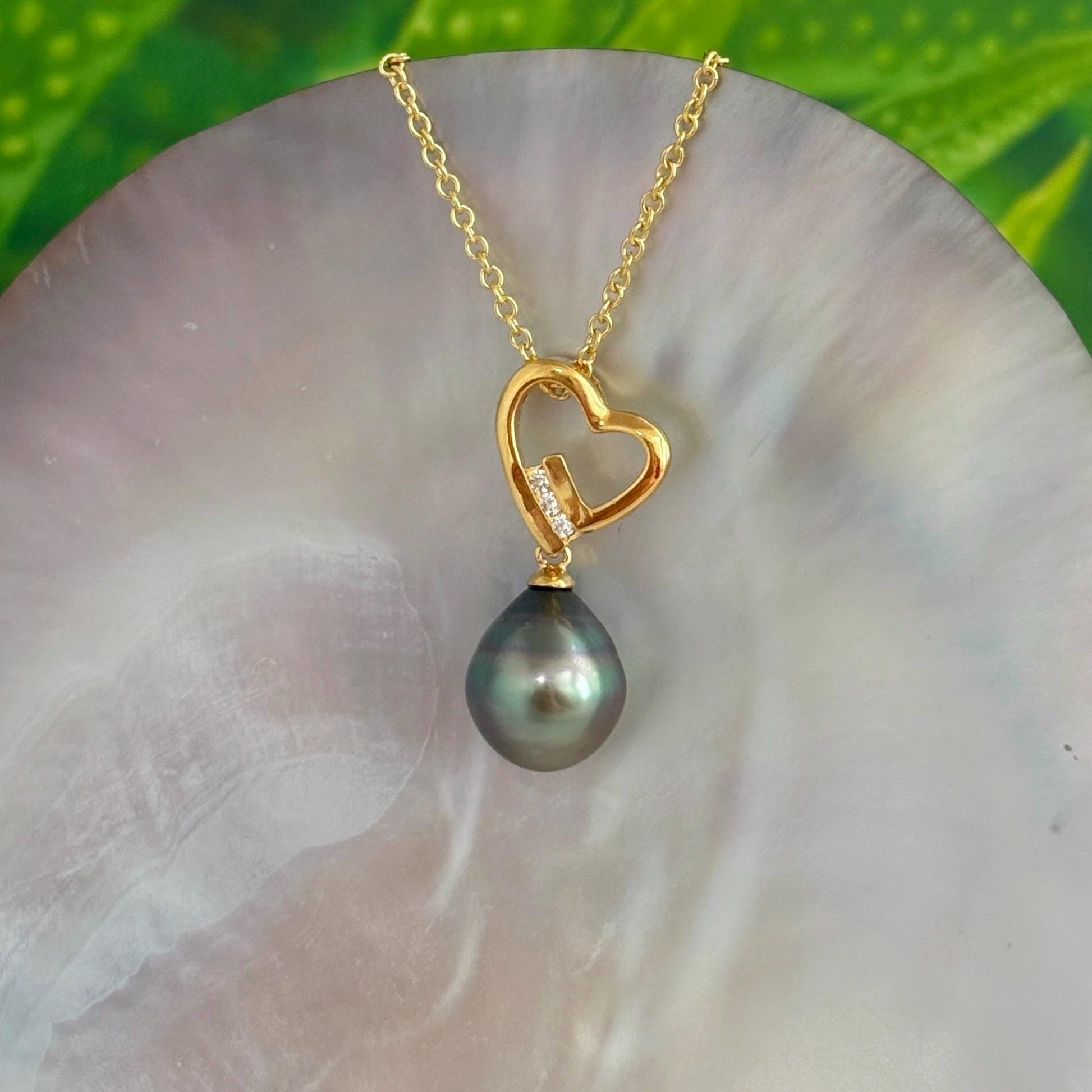 Tahitian Pearl Heart Necklace: Gold plated, CZ Accent pendant