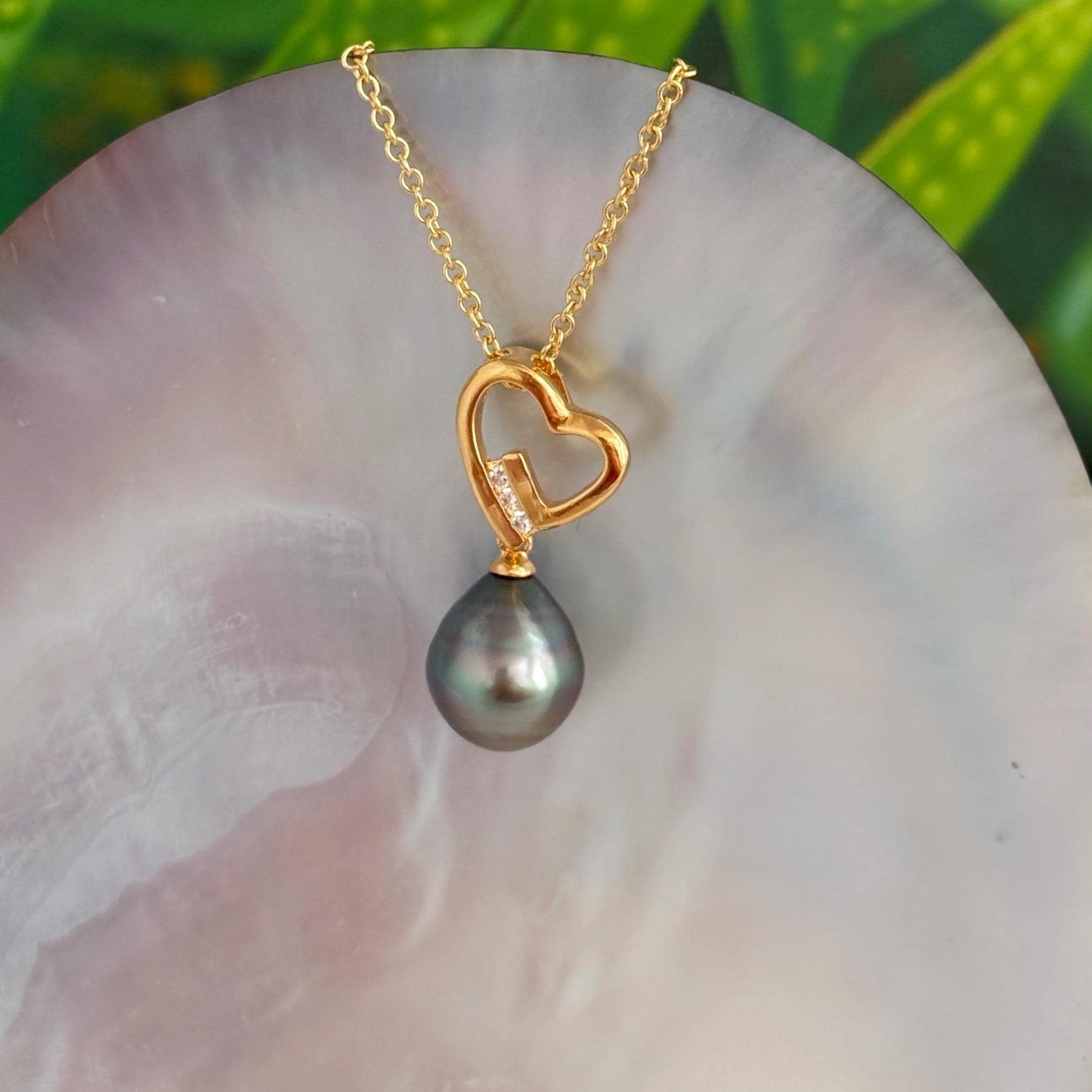 Tahitian Pearl Heart Necklace: Gold plated, CZ Accent pendant