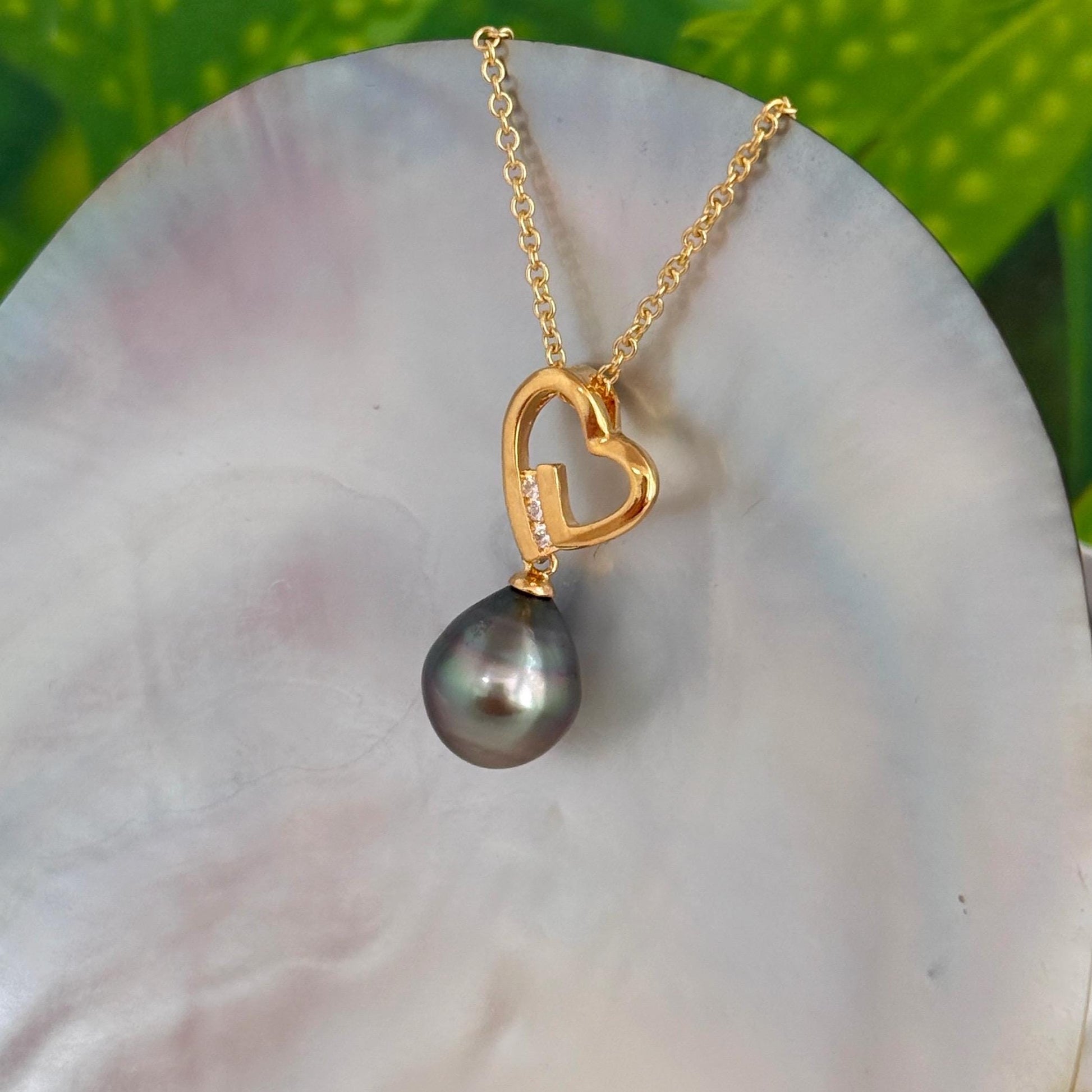 Tahitian Pearl Heart Necklace: Gold plated, CZ Accent pendant
