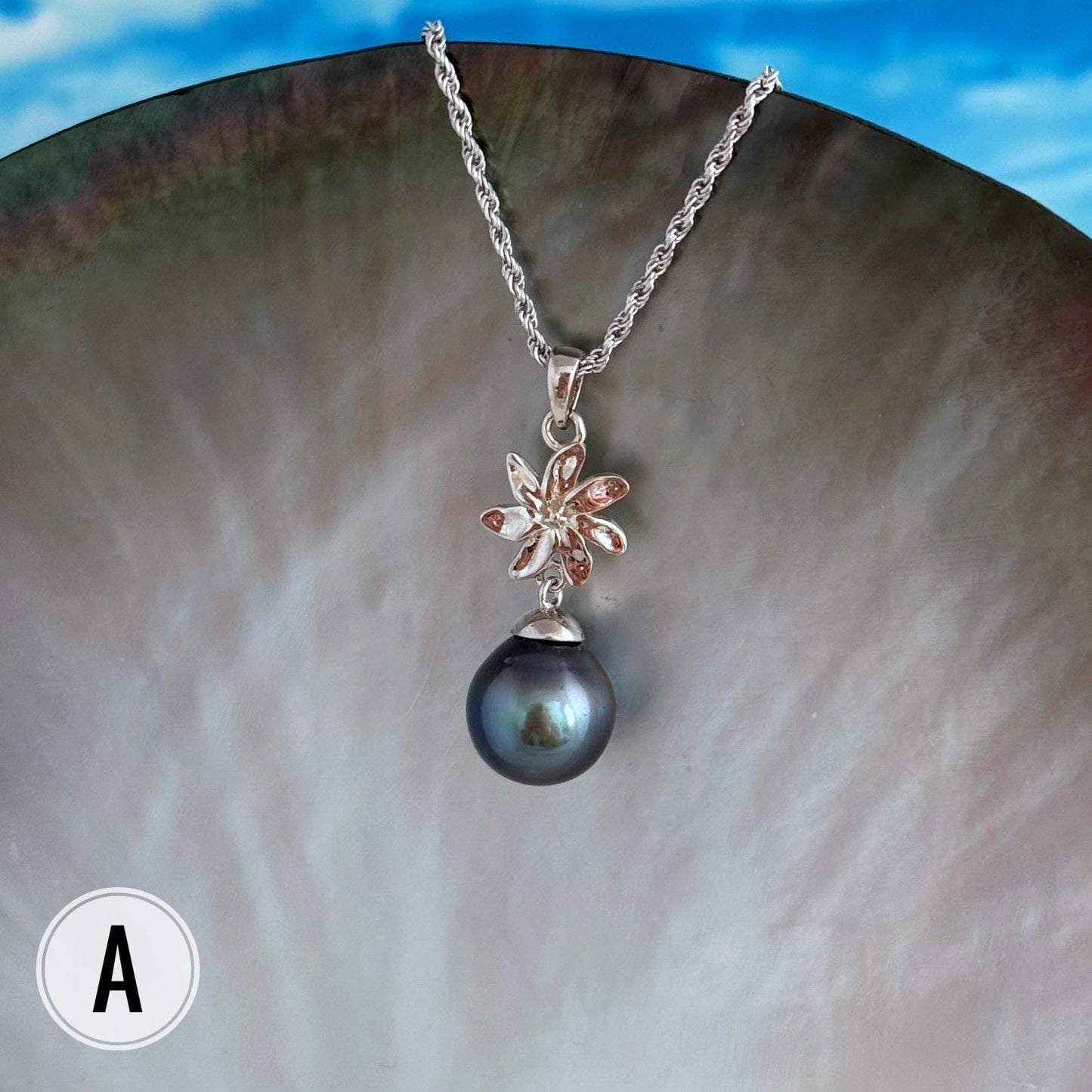 Tahitian Pearl Necklace: Sterling Silver Gardenia Flower Pendant