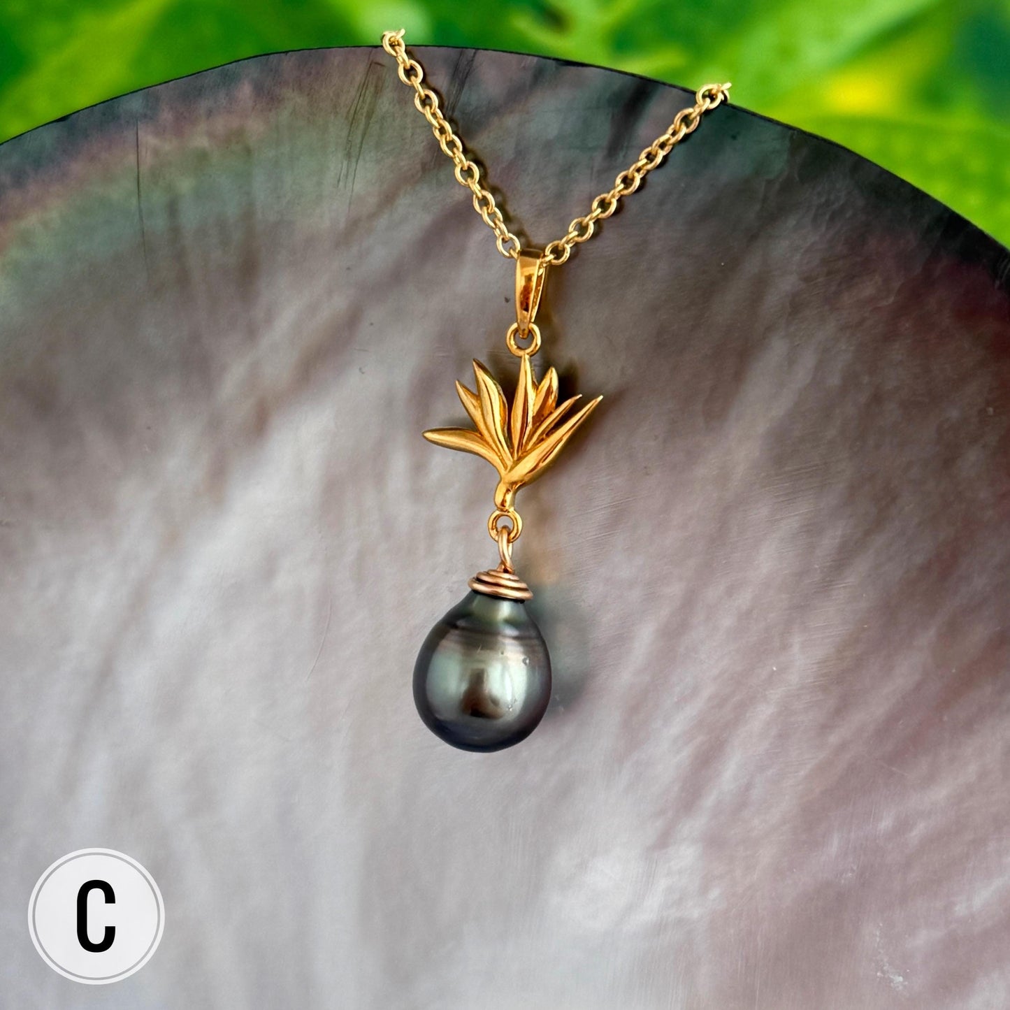 DOORBUSTER Tahitian Pearl pendants • Tropical Flower & Leaf • Hawaiian design 18k Gold Plated necklace