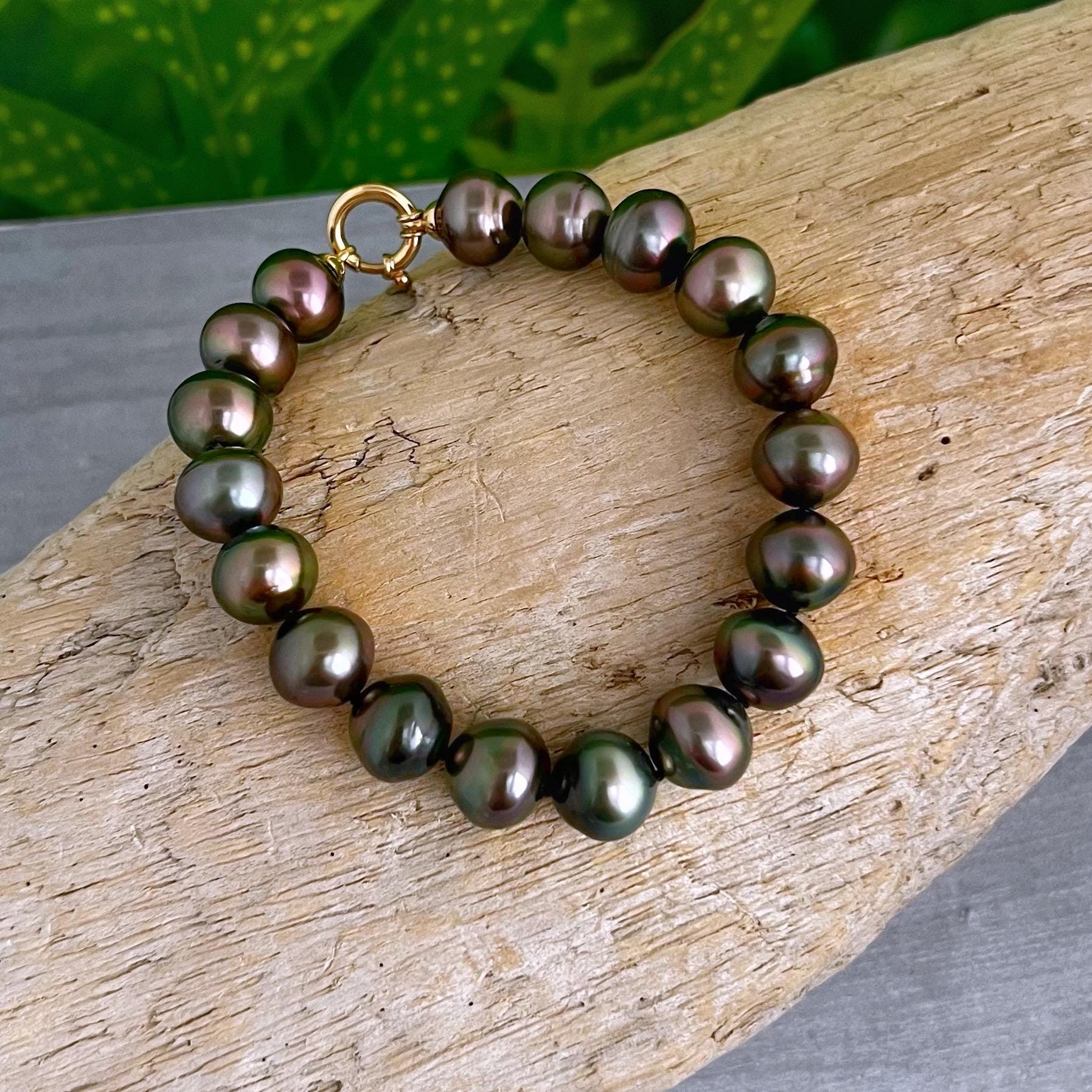 EXQUISITE Tahitian Pearl Bracelet • solid 9kt Gold clasp • Peacock colors • Aubergine