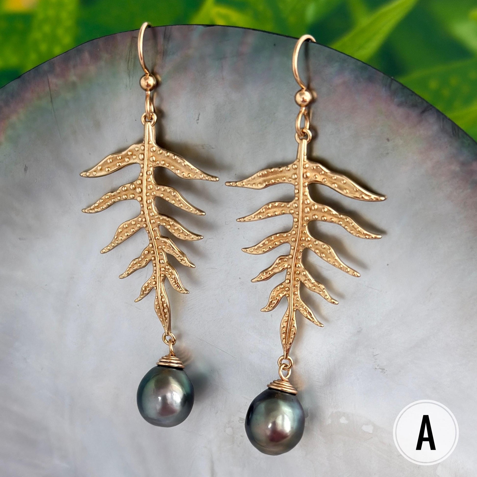 Laua’e Dangle Earrings • Tahitian black pearl jewelry