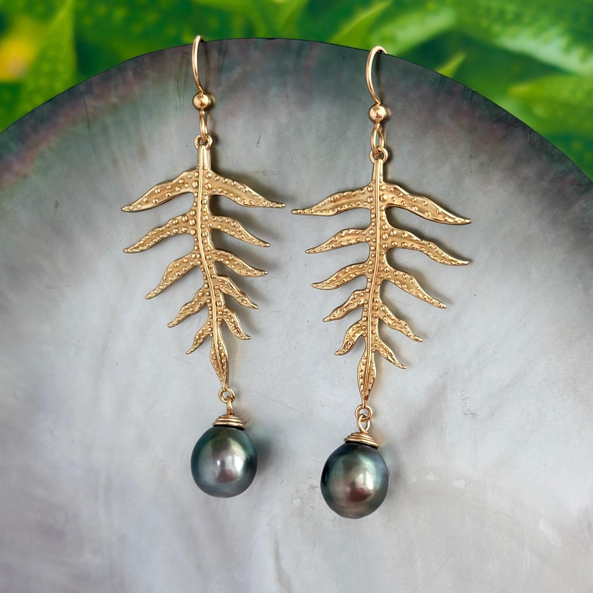 Laua’e Dangle Earrings • Tahitian black pearl jewelry