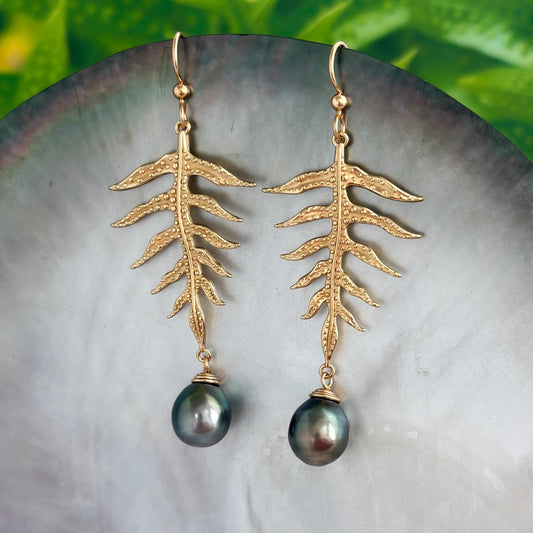 Laua’e Dangle Earrings • Tahitian black pearl jewelry